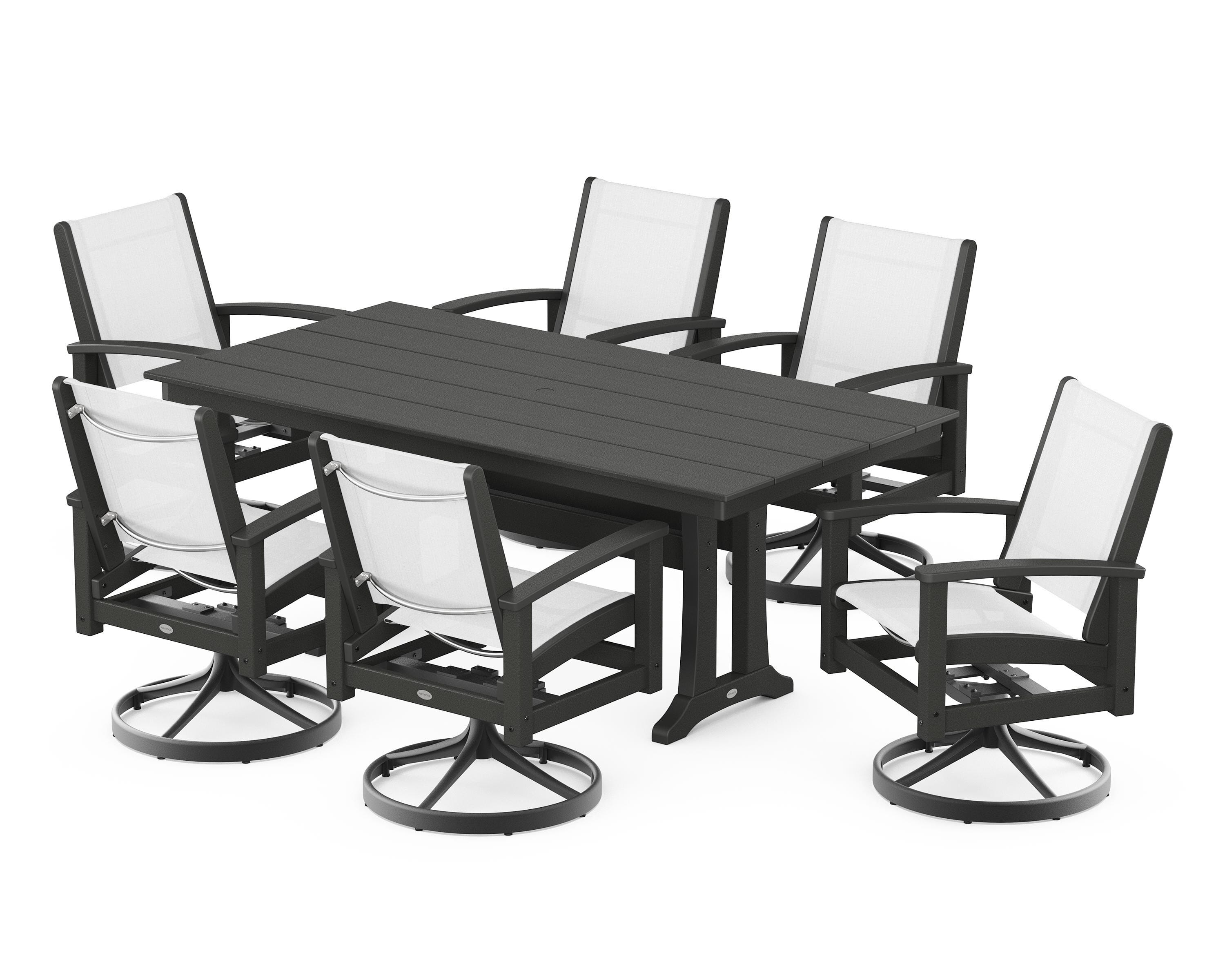 POLYWOOD® 7 Piece Coastal Swivel Rocker Dining Set in Textured Black / Black / White Sling