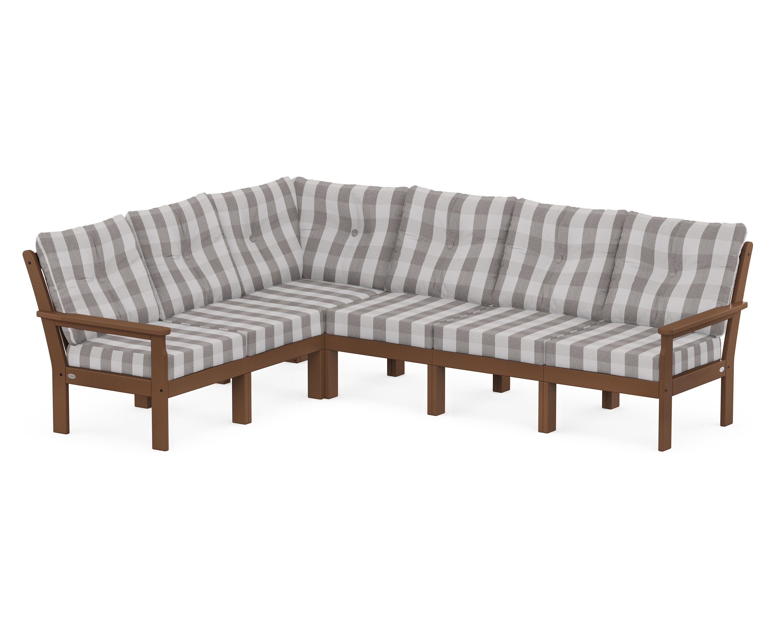 POLYWOOD® Vineyard 6-Piece Sectional in Teak / Buffalo Plaid Grey Mist