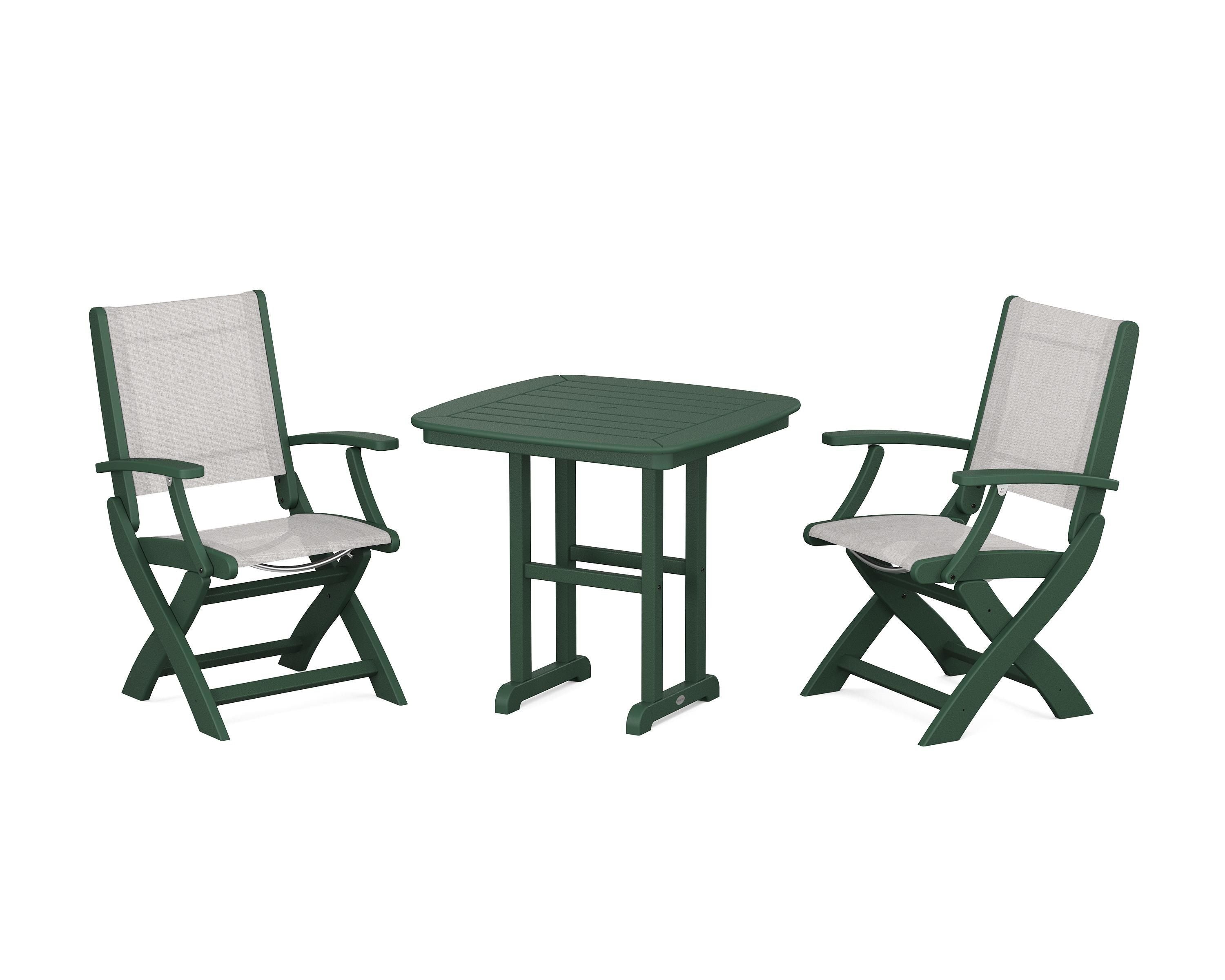 POLYWOOD® Coastal Folding Chair 3-Piece Dining Set in Green / Parchment Sling