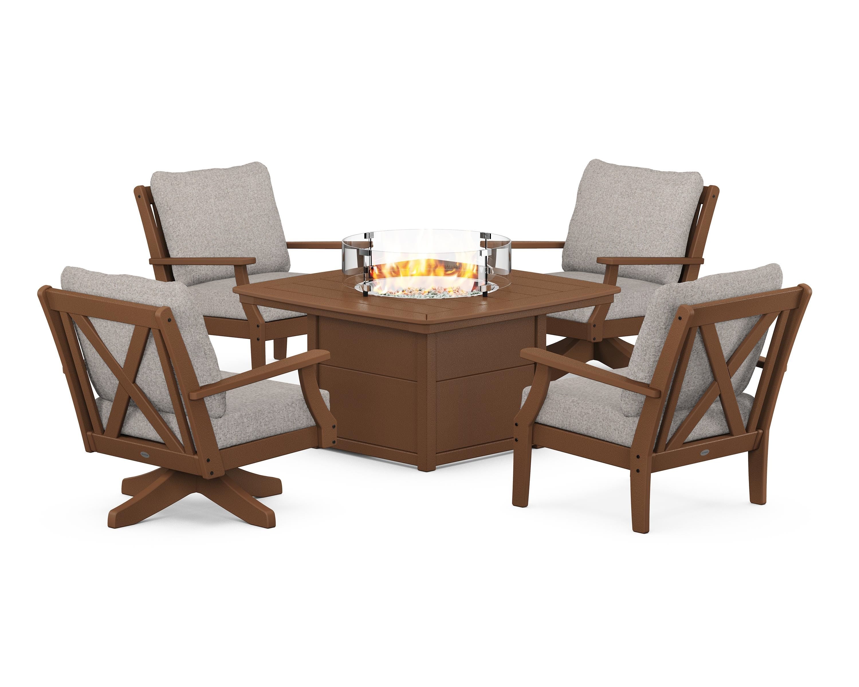 POLYWOOD® Braxton 5-Piece Deep Seating Set with Fire Table in Teak / Weathered Tweed
