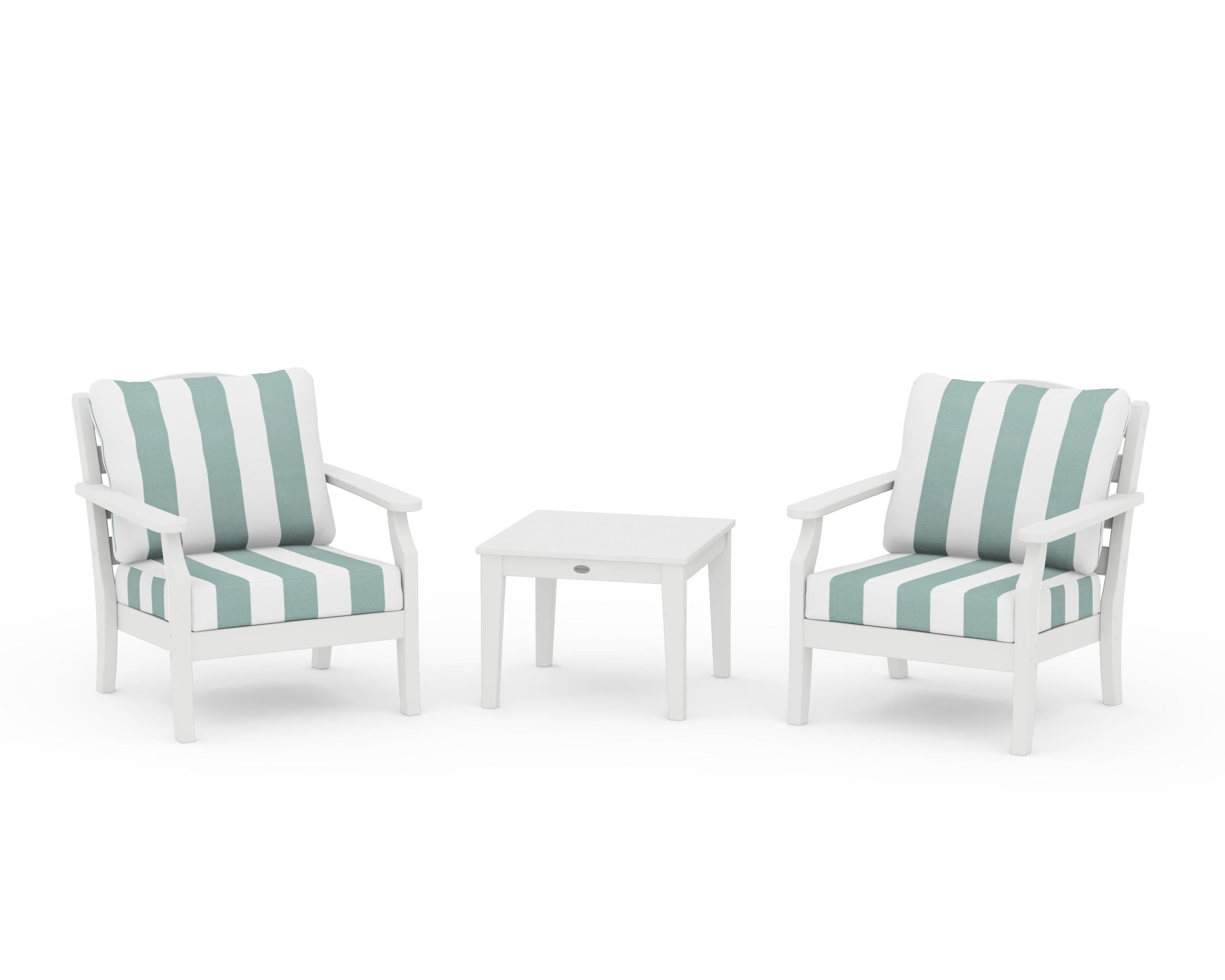 Draper James™ by POLYWOOD® Savannah 3-Piece Deep Seating Set in White / Cabana Stripe Glacier Spa