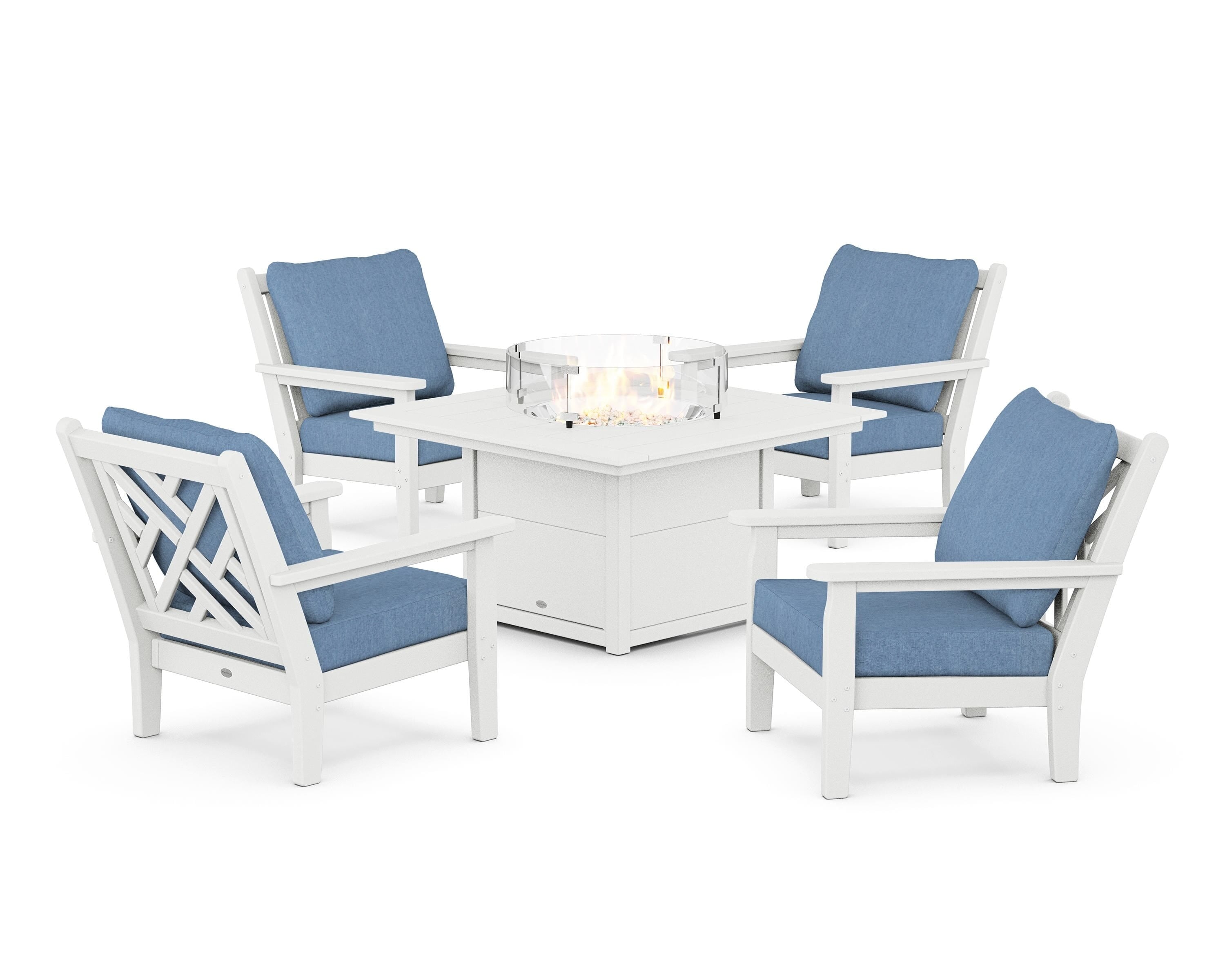 POLYWOOD® Chippendale 5-Piece Deep Seating Set with Fire Pit Table in White / Sky Blue