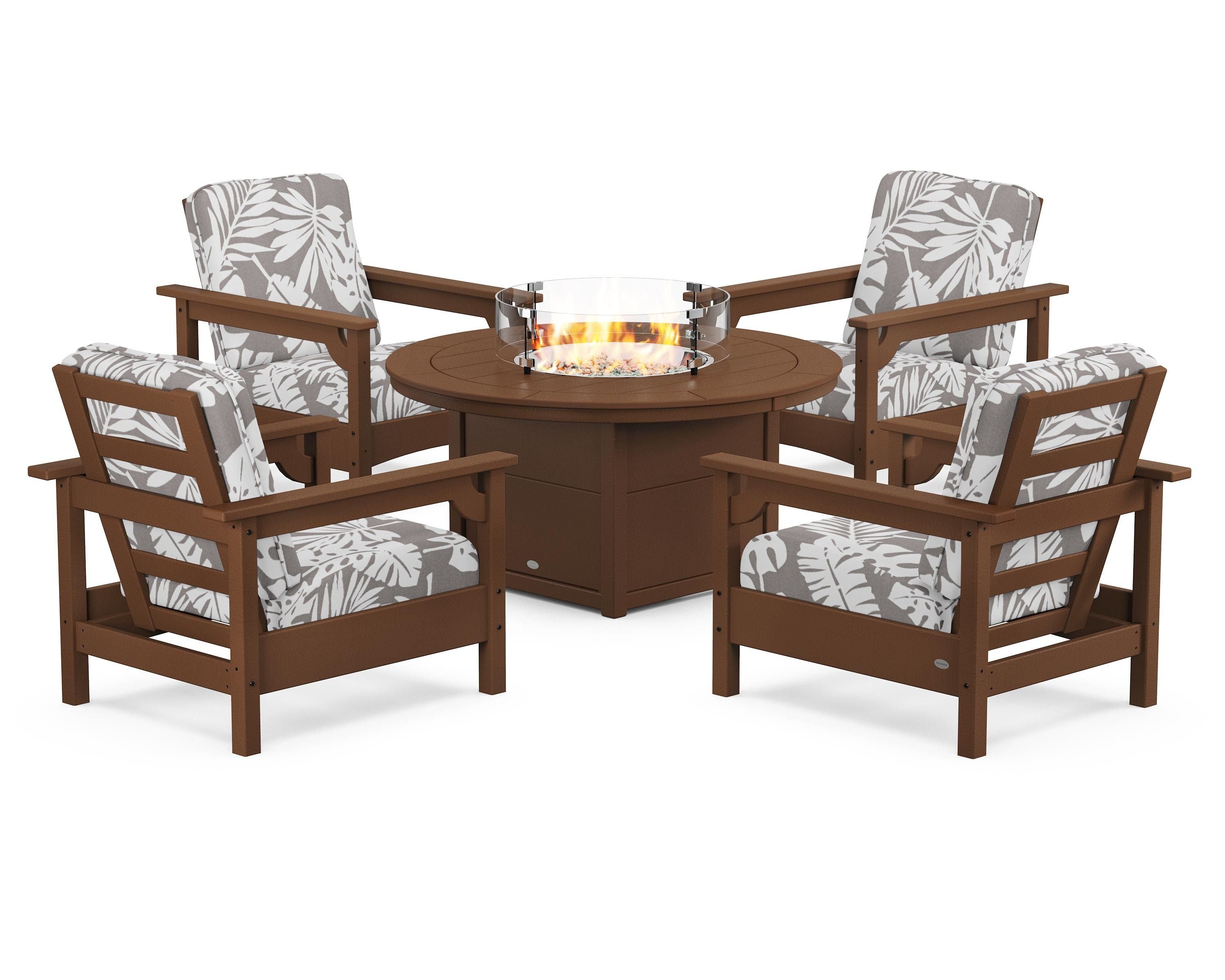 POLYWOOD® Club 5-Piece Conversation Set with Fire Pit Table in Teak / Leaf Grey Mist
