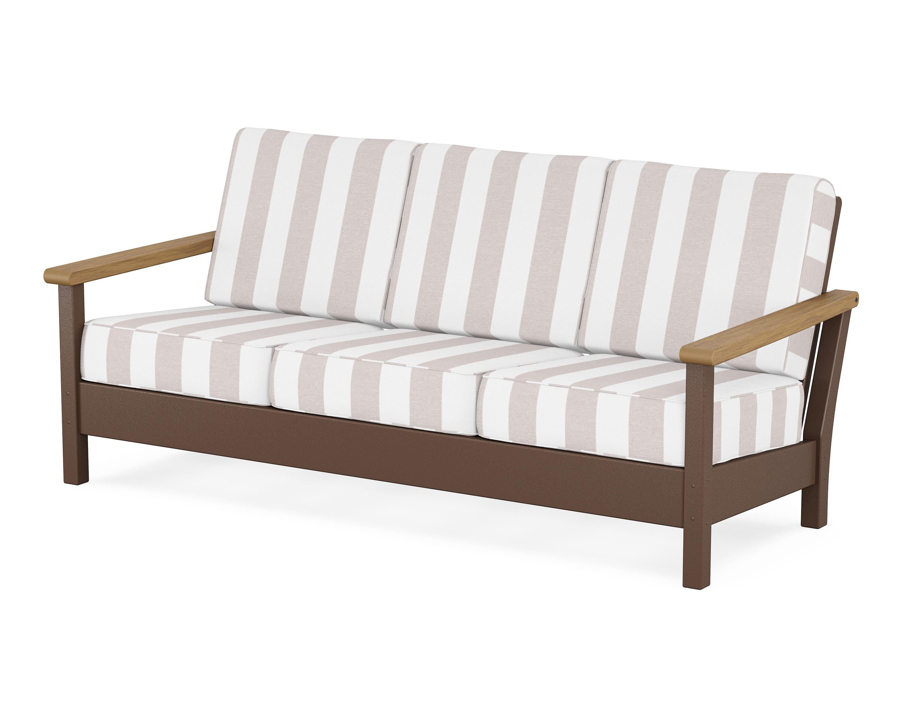 POLYWOOD® Harbour Deep Seating Sofa in Mahogany / Natural / Cabana Stripe Dune Burlap