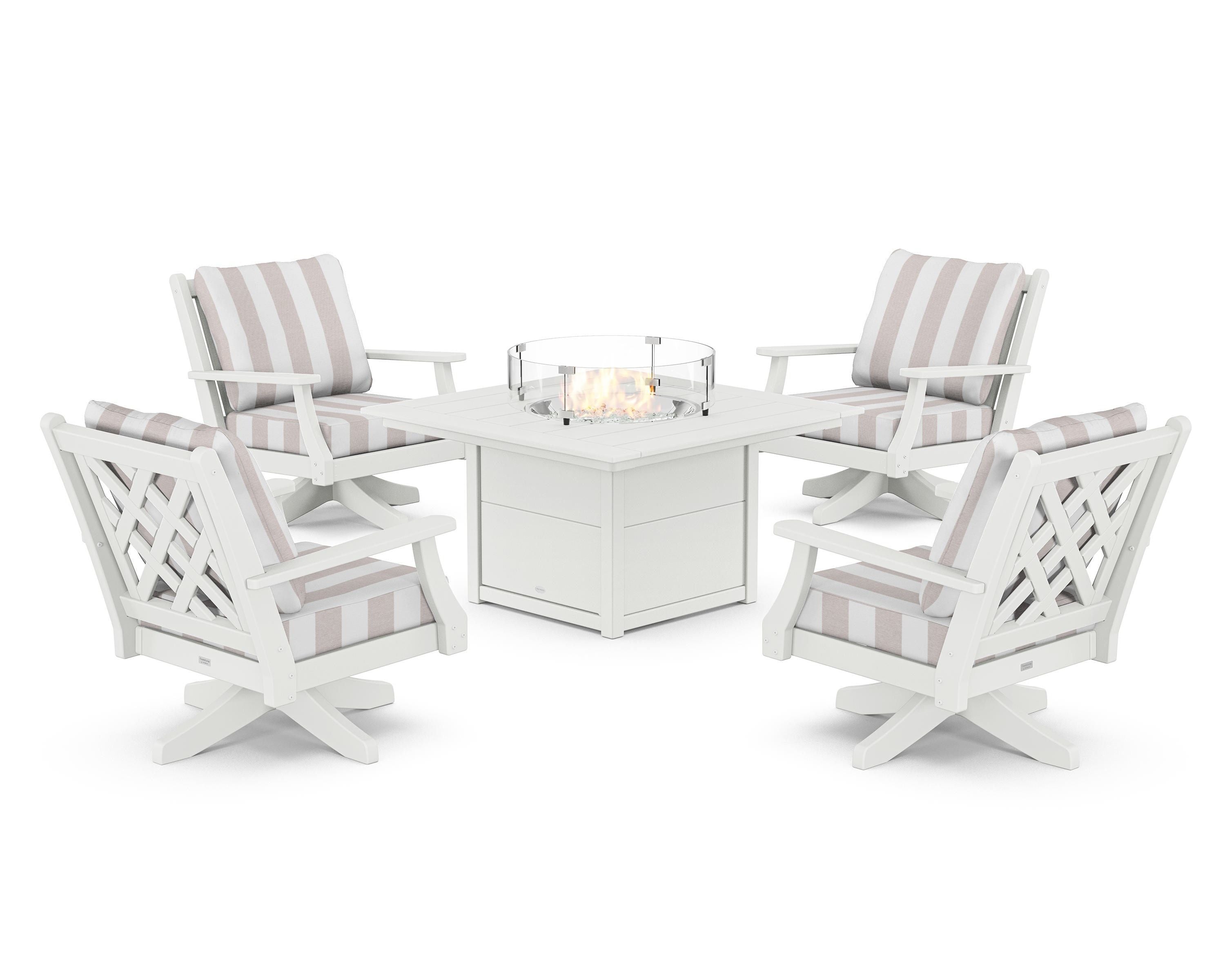 Country Living Wovendale 5-Piece Deep Seating Swivel Conversation Set with Fire Pit Table in White / Cabana Stripe Dune Burlap
