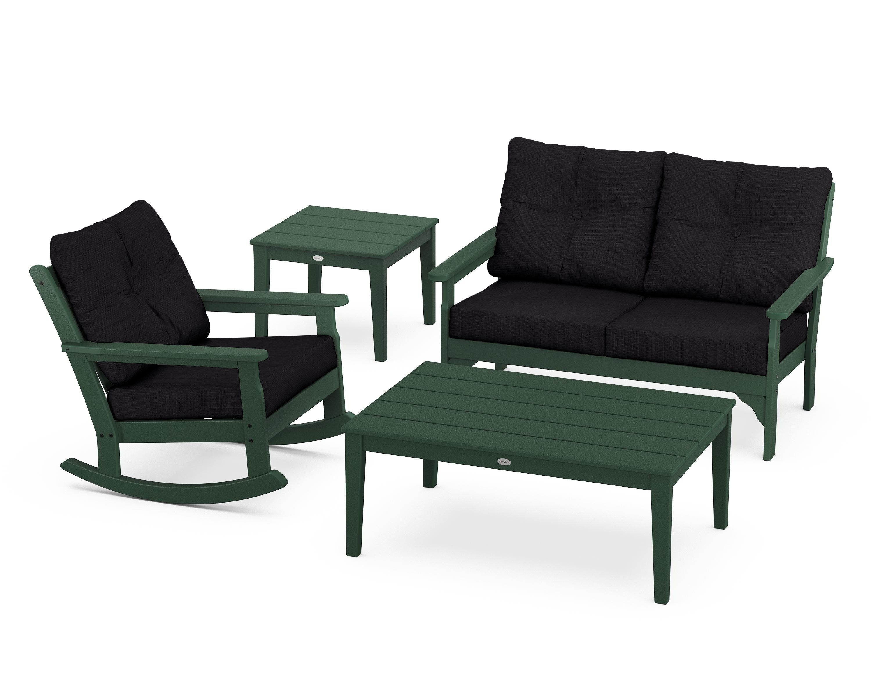 POLYWOOD® Vineyard 4-Piece Deep Seating Rocker Set in Green / Midnight Linen