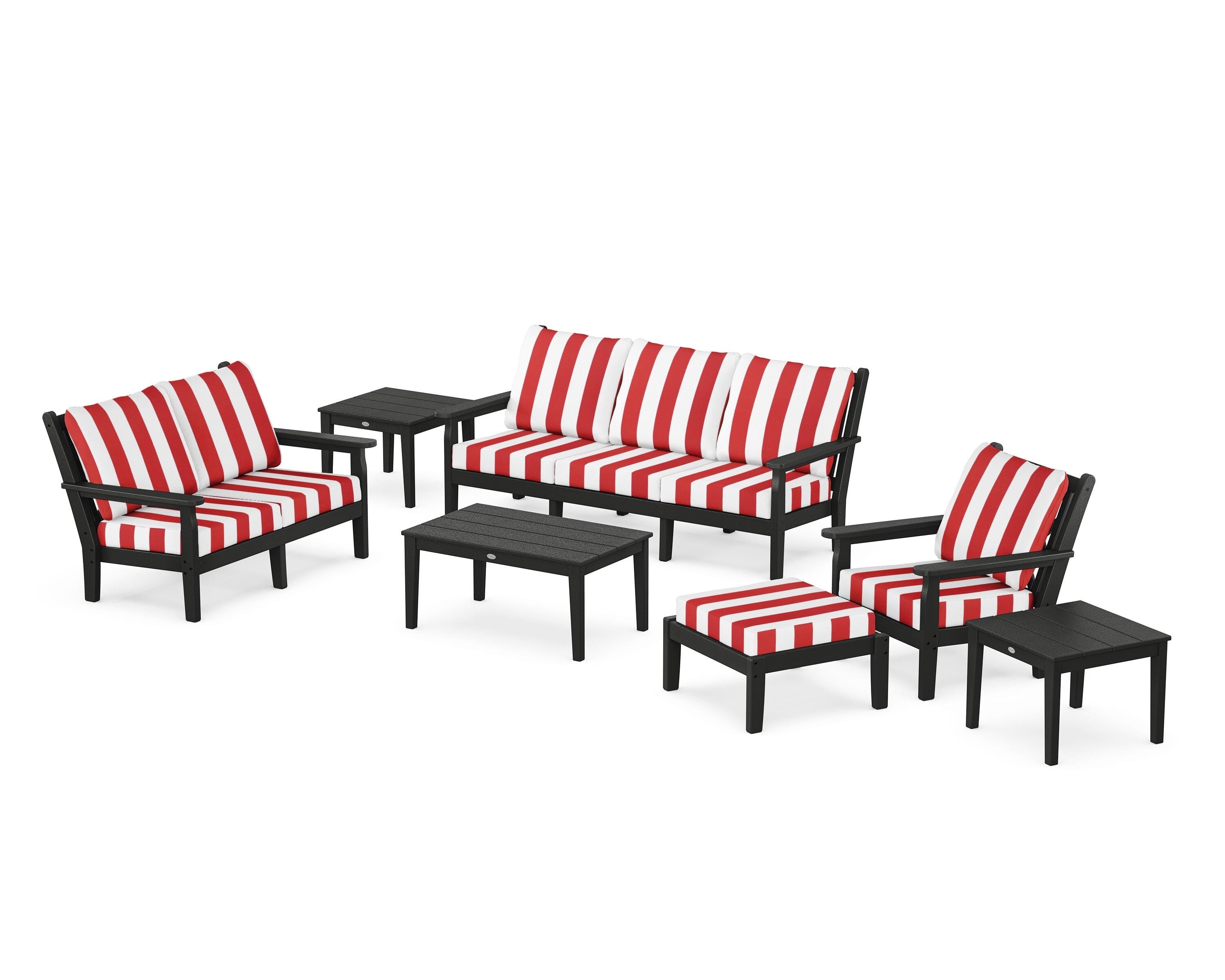 POLYWOOD® Chippendale 7-Piece Deep Seating Set in Black / Cabana Stripe Crimson