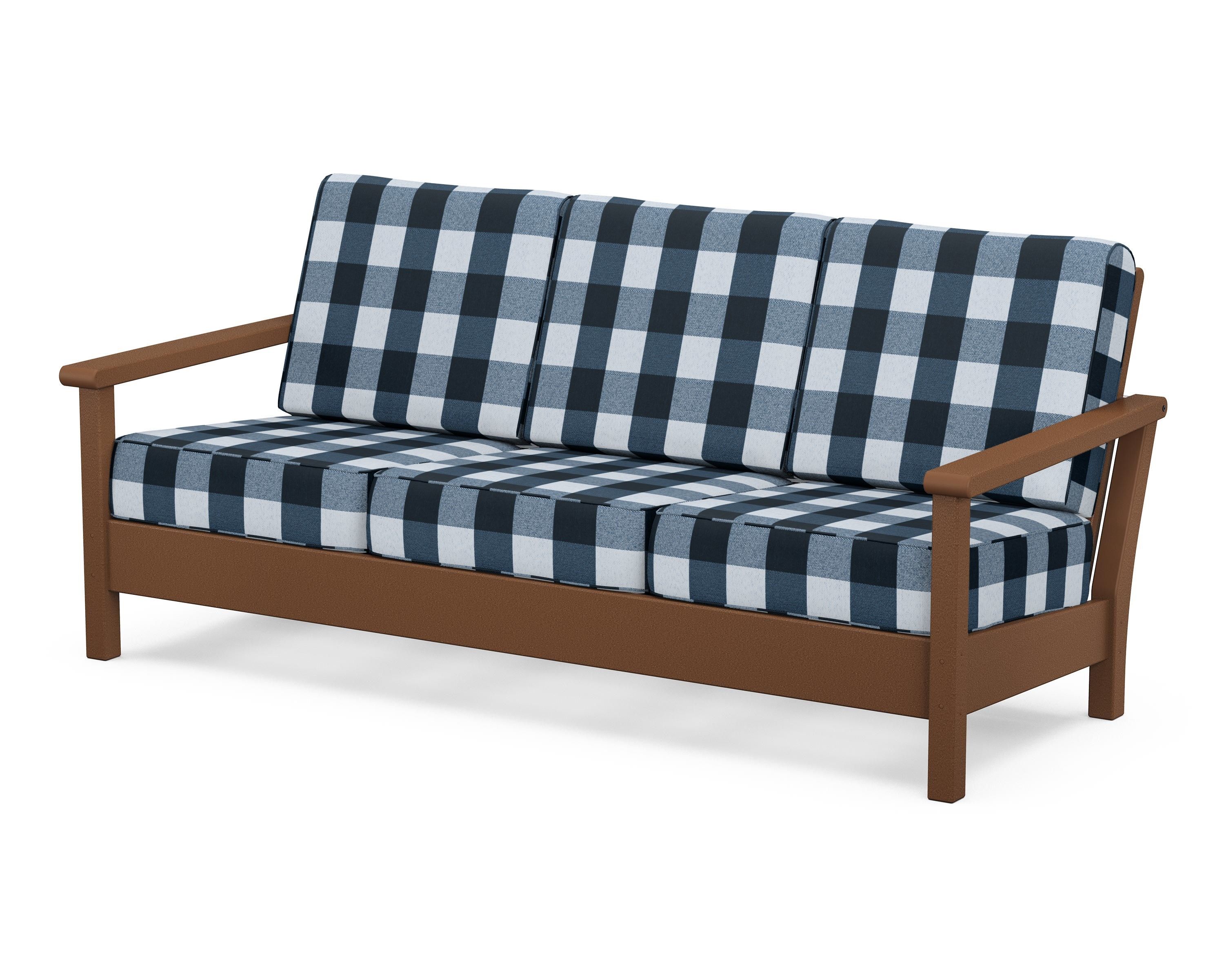POLYWOOD® Harbour Deep Seating Sofa in Teak / Buffalo Plaid Marine Indigo