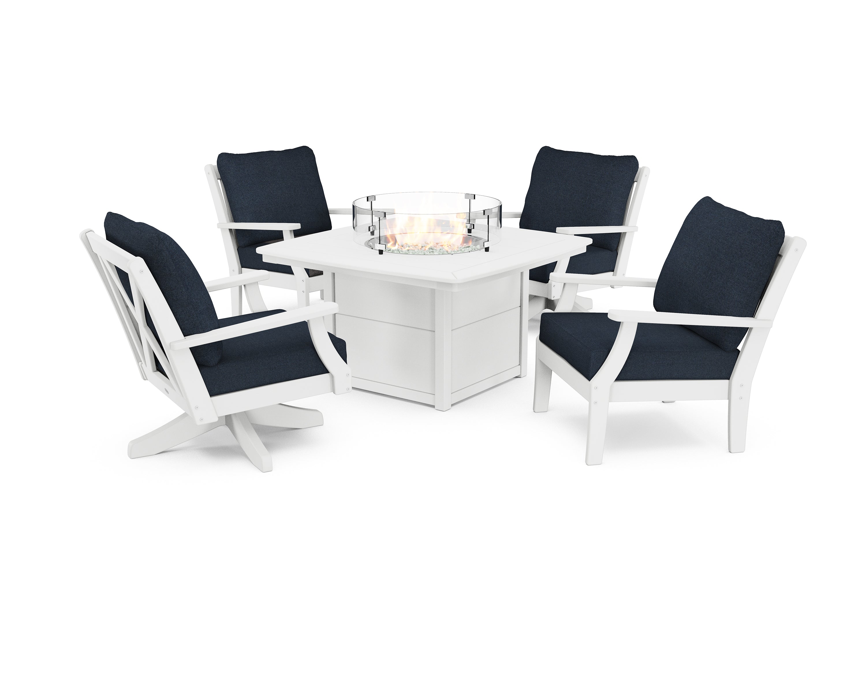 POLYWOOD® Braxton 5-Piece Deep Seating Set with Fire Table in White / Marine Indigo