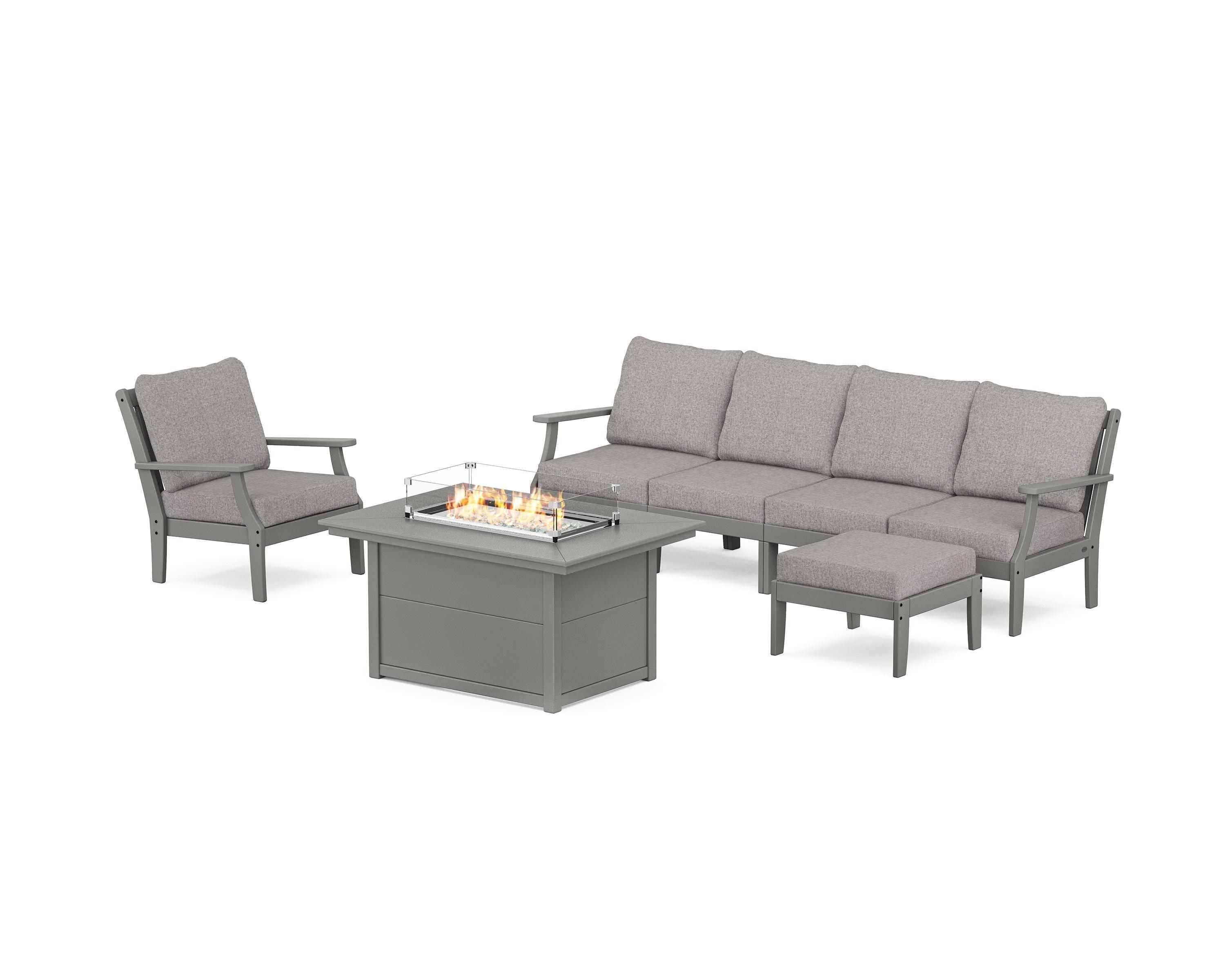 POLYWOOD® Braxton Sectional Lounge and Fire Pit Set in Slate Grey / Grey Mist