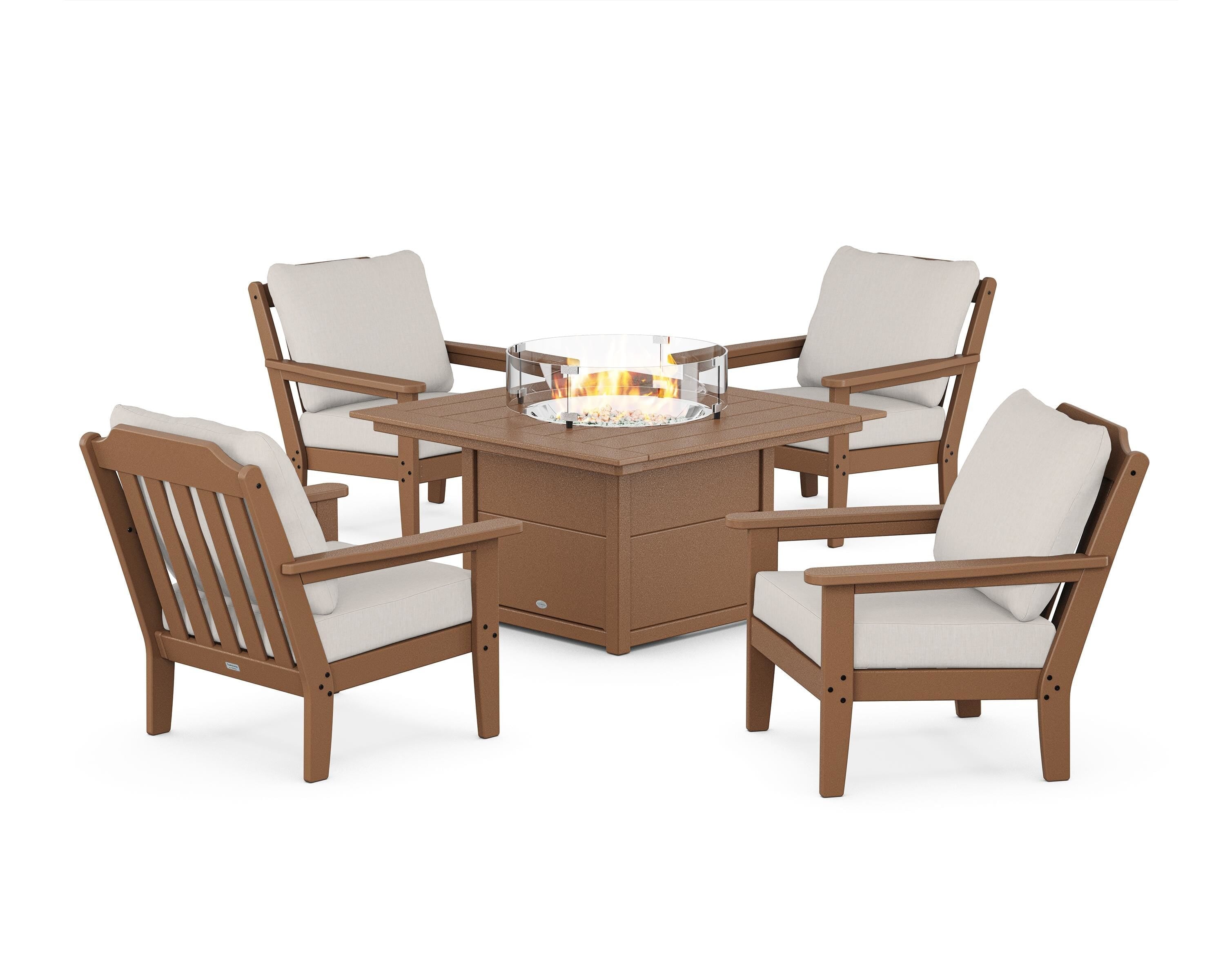 Country Living Cottage 5-Piece Deep Seating Set with Fire Pit Table in Teak / Cast Ash