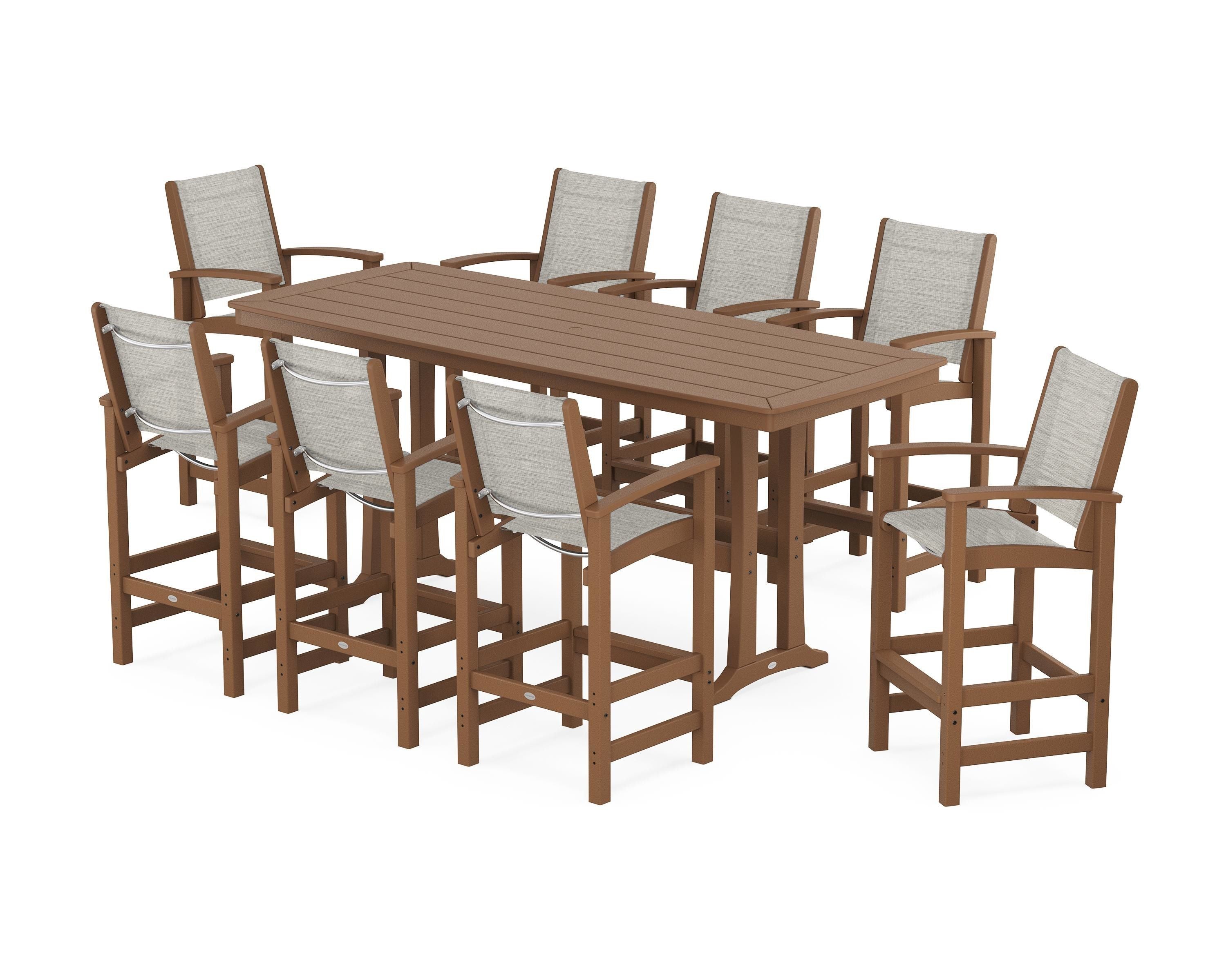 POLYWOOD® Coastal 9-Piece Bar Set with Trestle Legs in Teak / Birch Sling