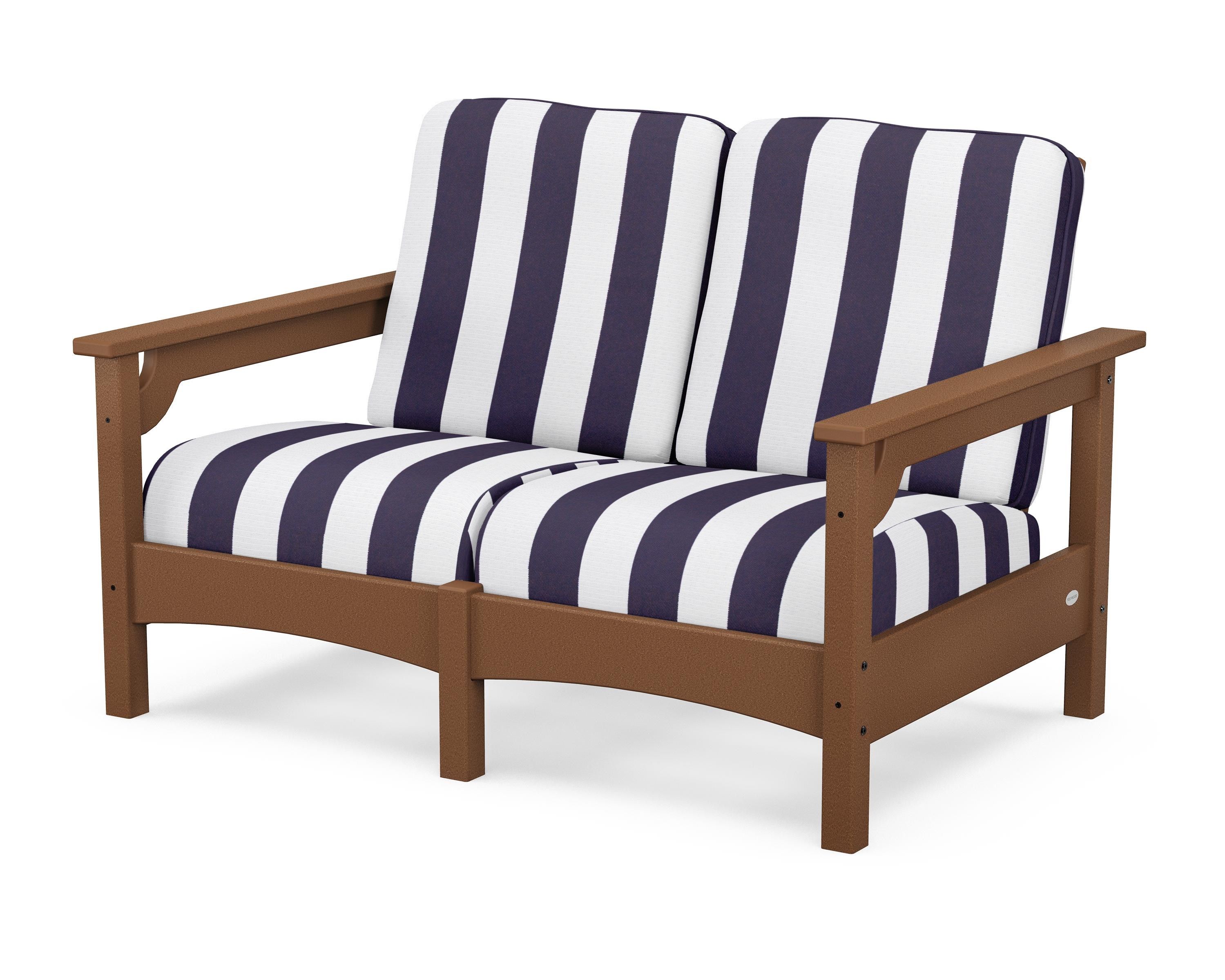 POLYWOOD® Club Loveseat in Teak / Cabana Stripe Navy