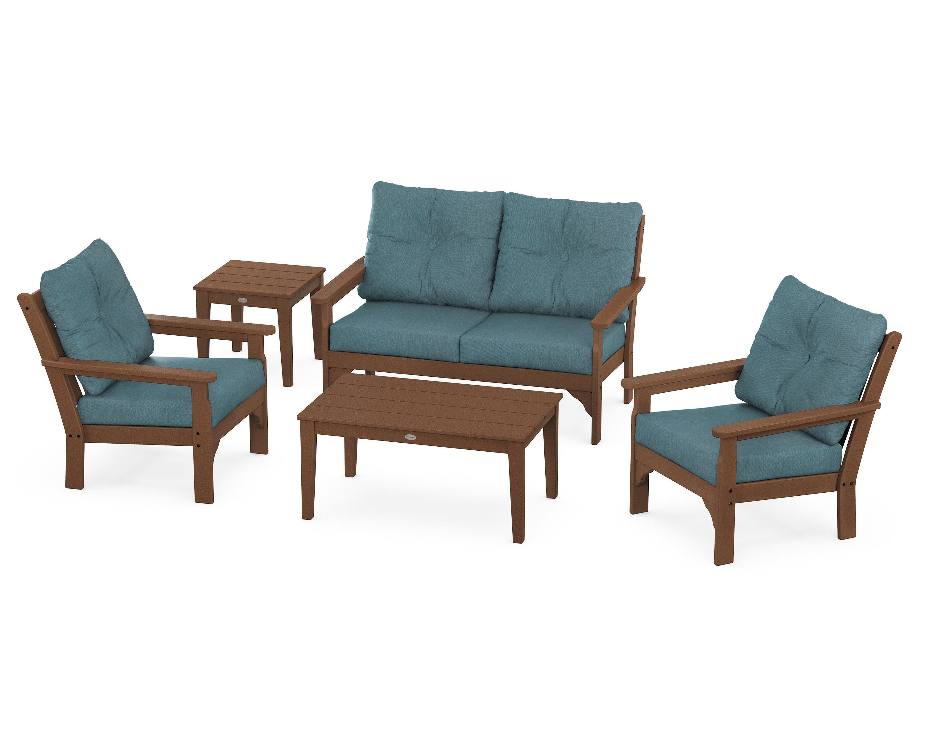 POLYWOOD® Vineyard 5-Piece Deep Seating Set in Teak / Ocean Teal
