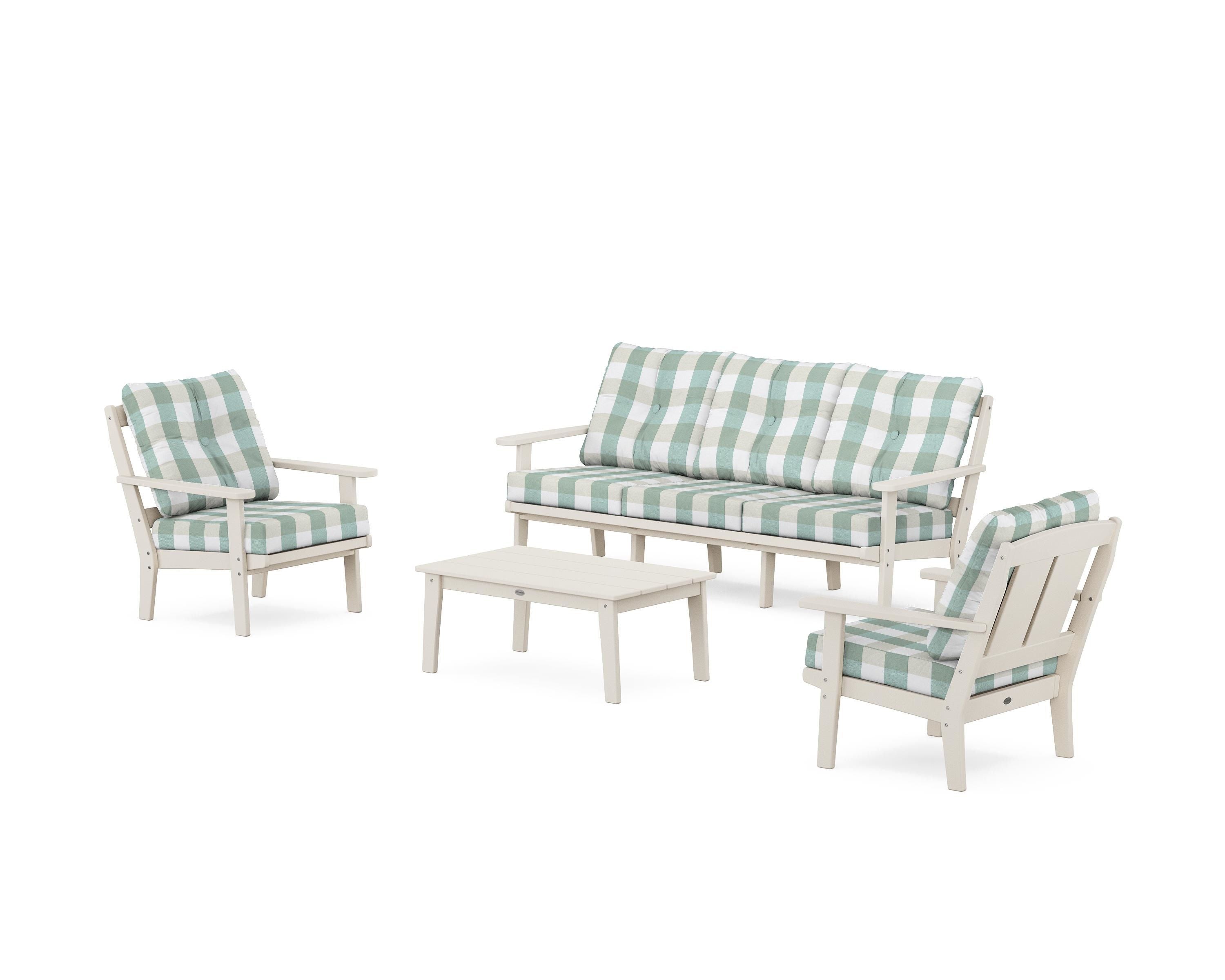 POLYWOOD® Mission 4-Piece Deep Seating Set with Sofa in Sand / Buffalo Plaid Glacier Spa