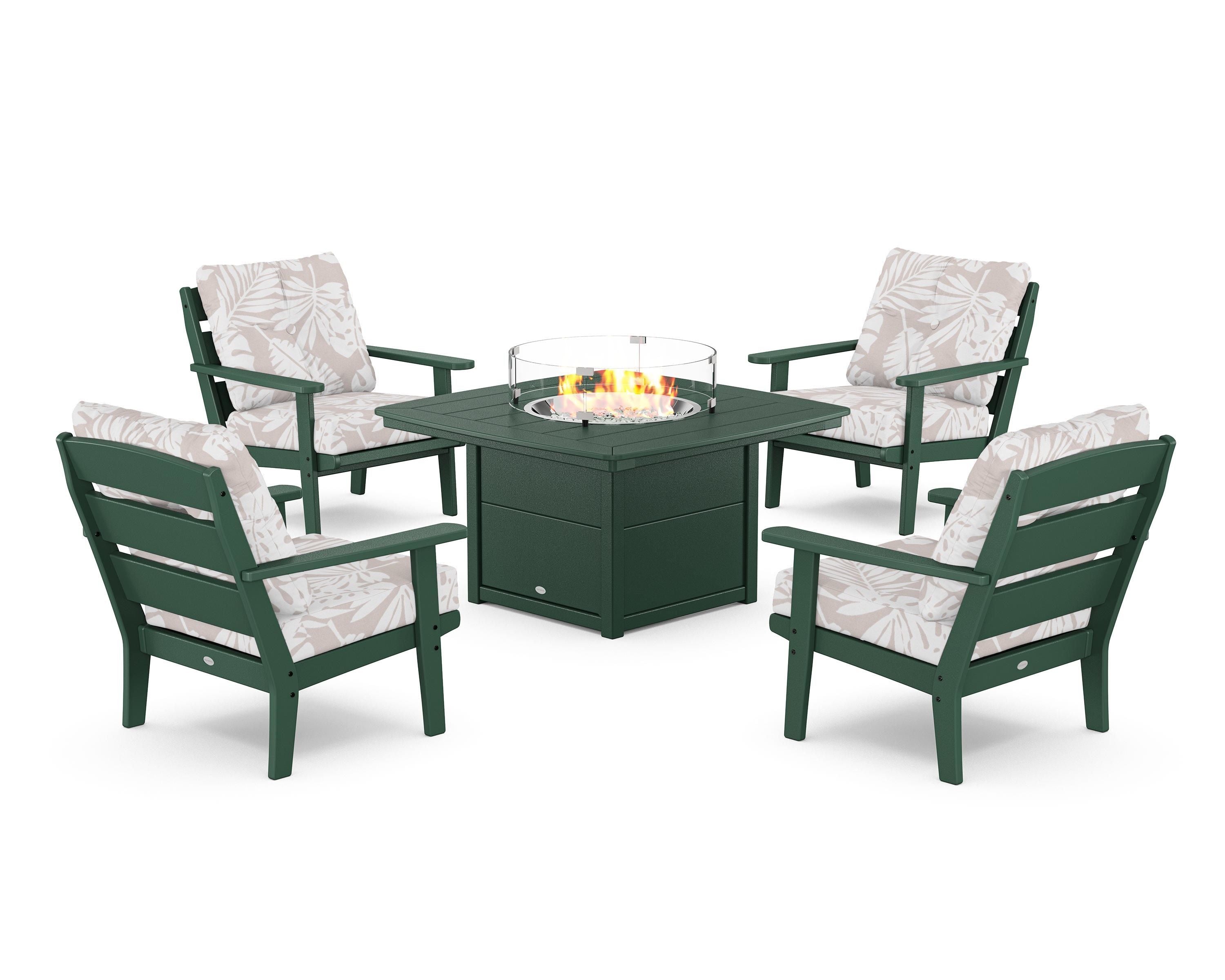 POLYWOOD® Lakeside 5-Piece Deep Seating Set with Nautical Fire Pit Table in Green / Leaf Dune Burlap