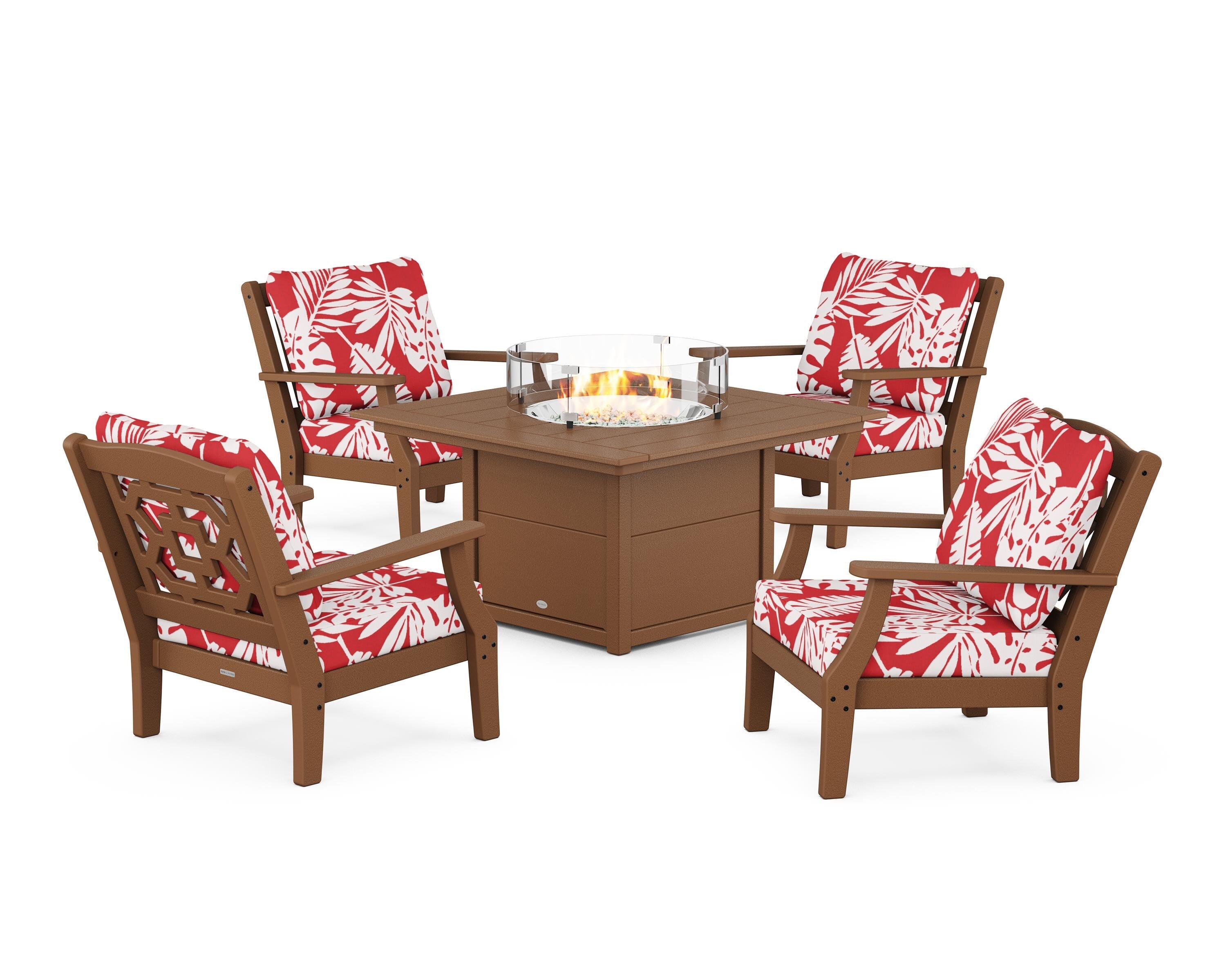Martha Stewart by POLYWOOD® Chinoiserie 5-Piece Deep Seating Set with Fire Pit Table in Teak / Leaf Crimson