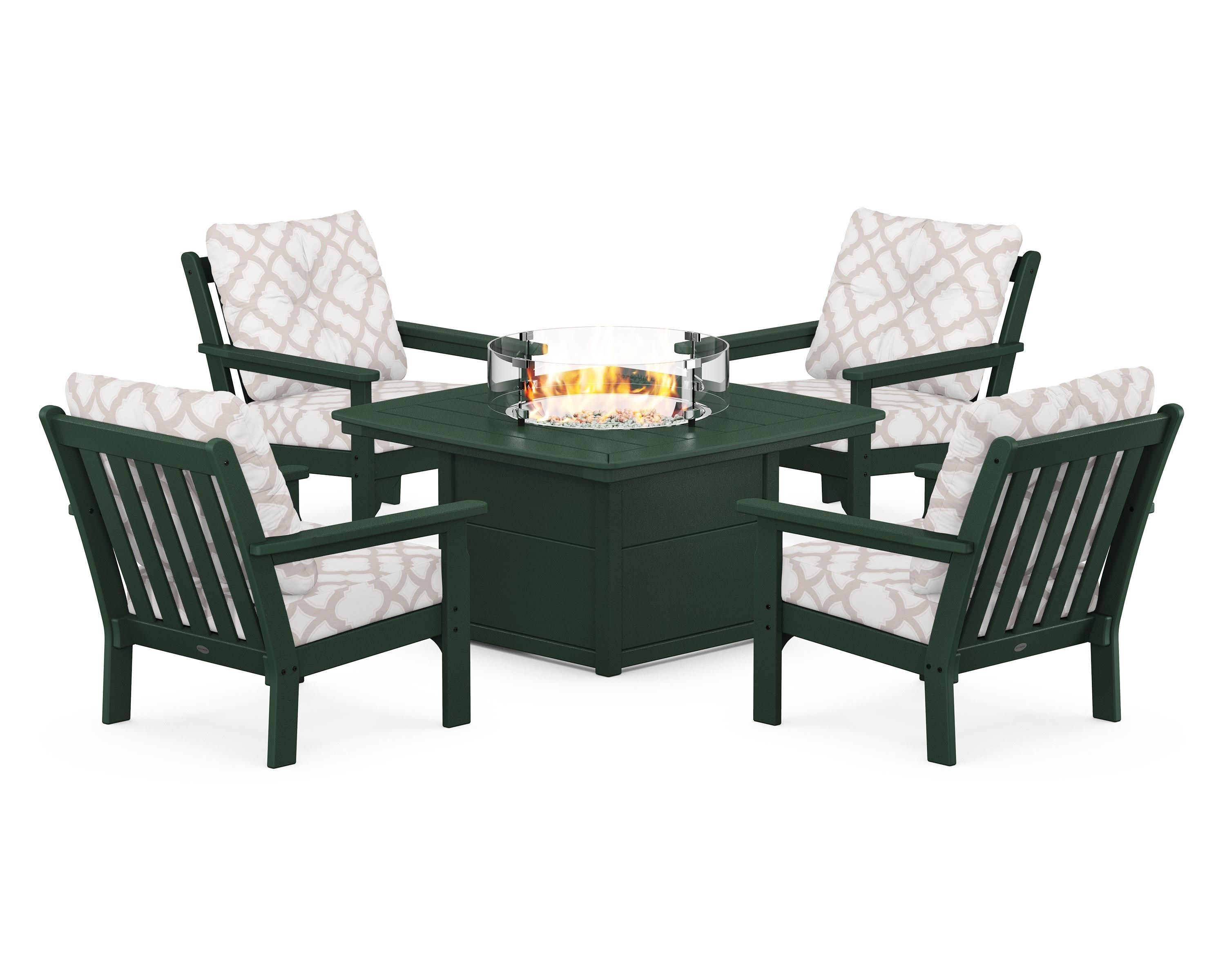 POLYWOOD® Vineyard 5-Piece Conversation Set with Fire Pit Table in Green / Trellis Dune Burlap