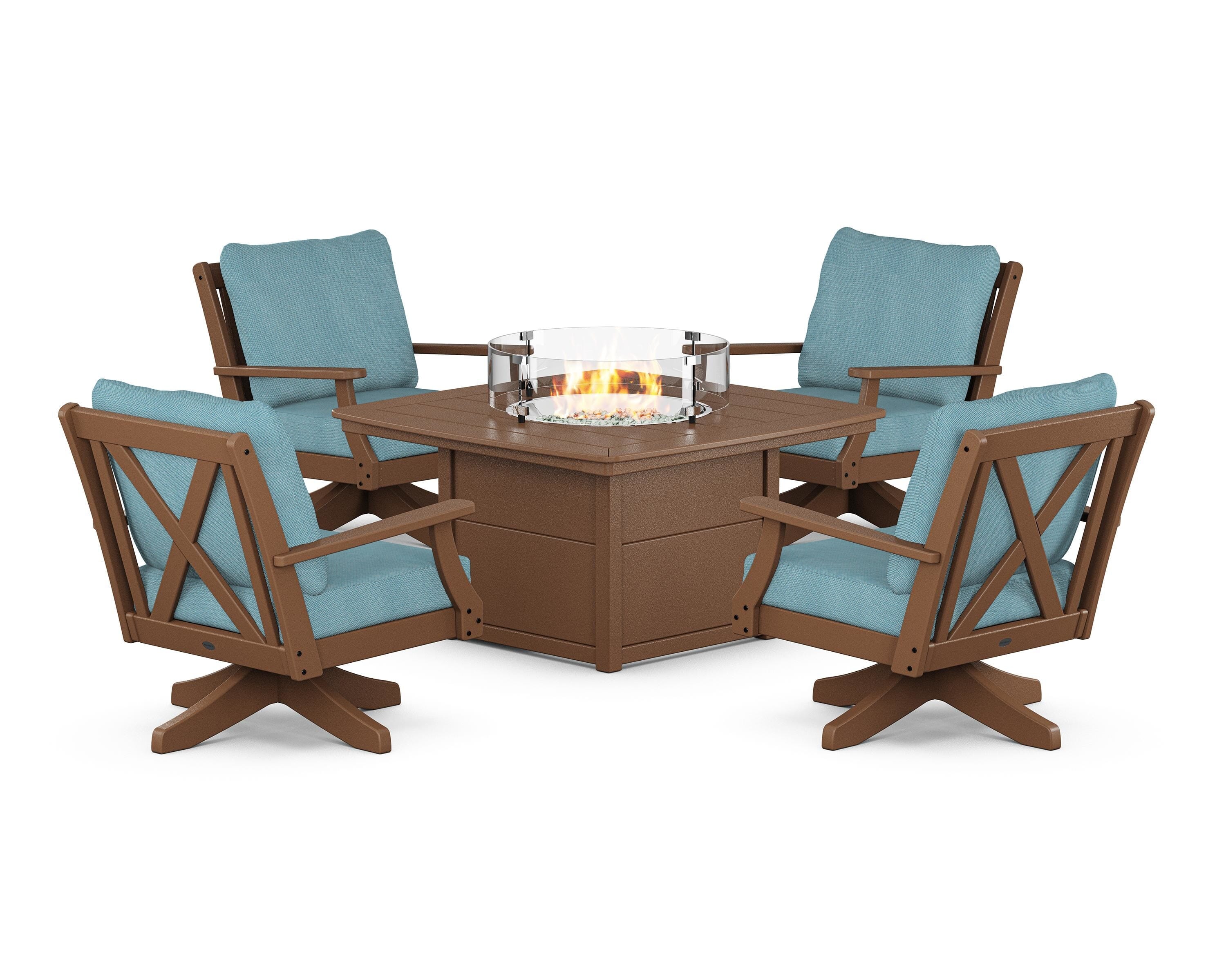 POLYWOOD® Braxton 5-Piece Deep Seating Swivel Conversation Set with Fire Pit Table in Teak / Lattice Sky Blue