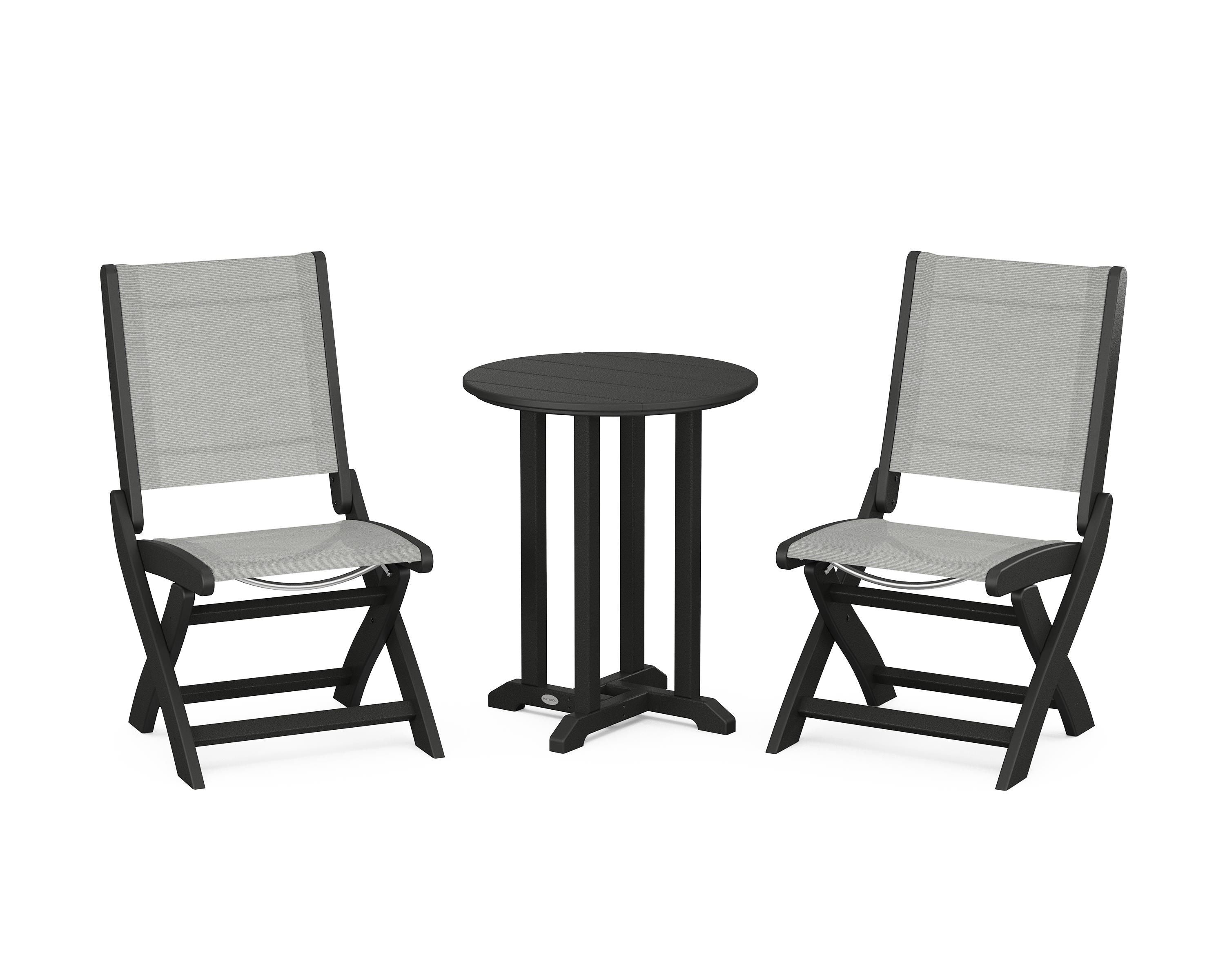 POLYWOOD® Coastal Folding Side Chair 3-Piece Round Bistro Dining Set in Black / Metallic Sling
