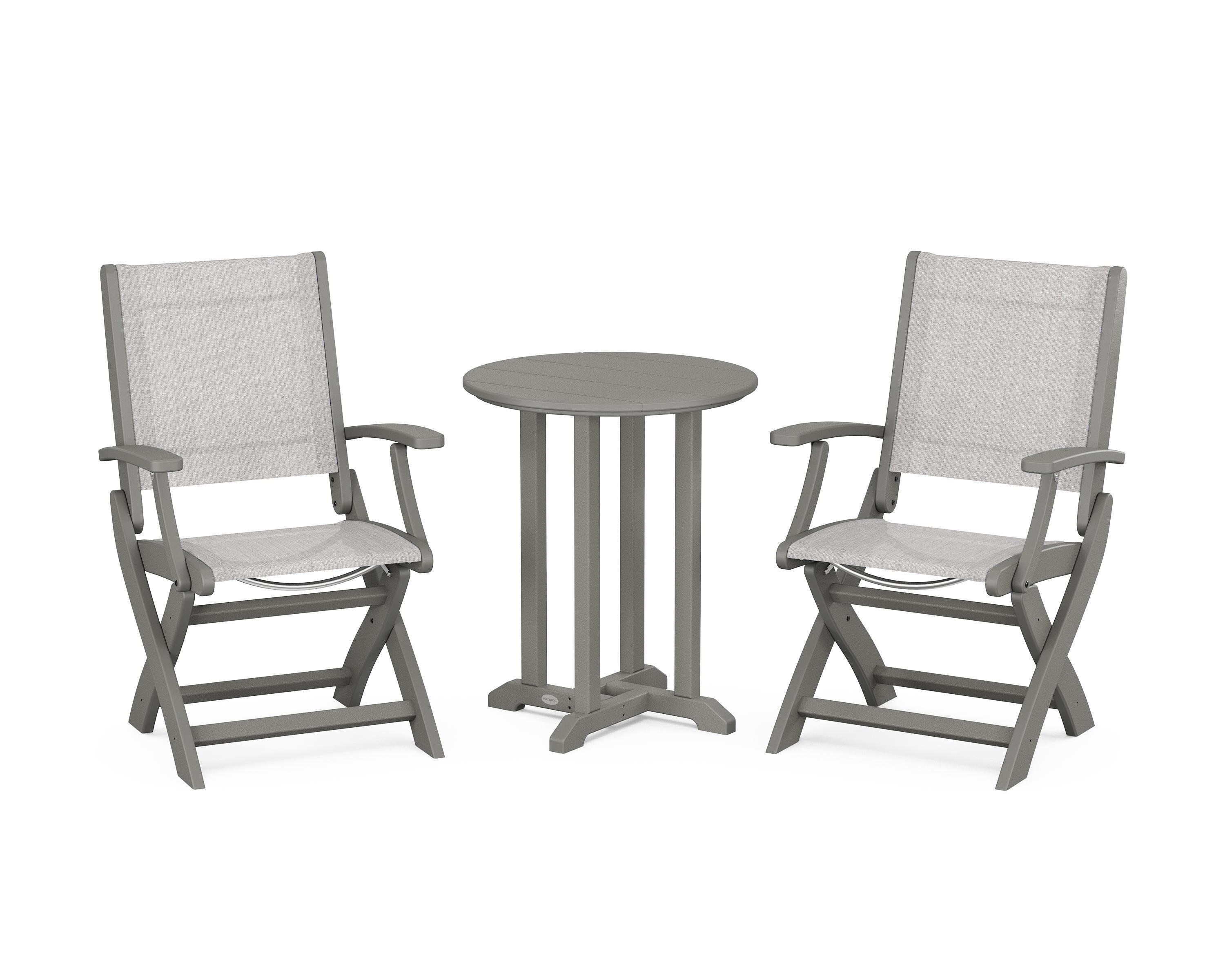 POLYWOOD® Coastal Folding 3-Piece Round Bistro Dining Set in Slate Grey / Parchment Sling