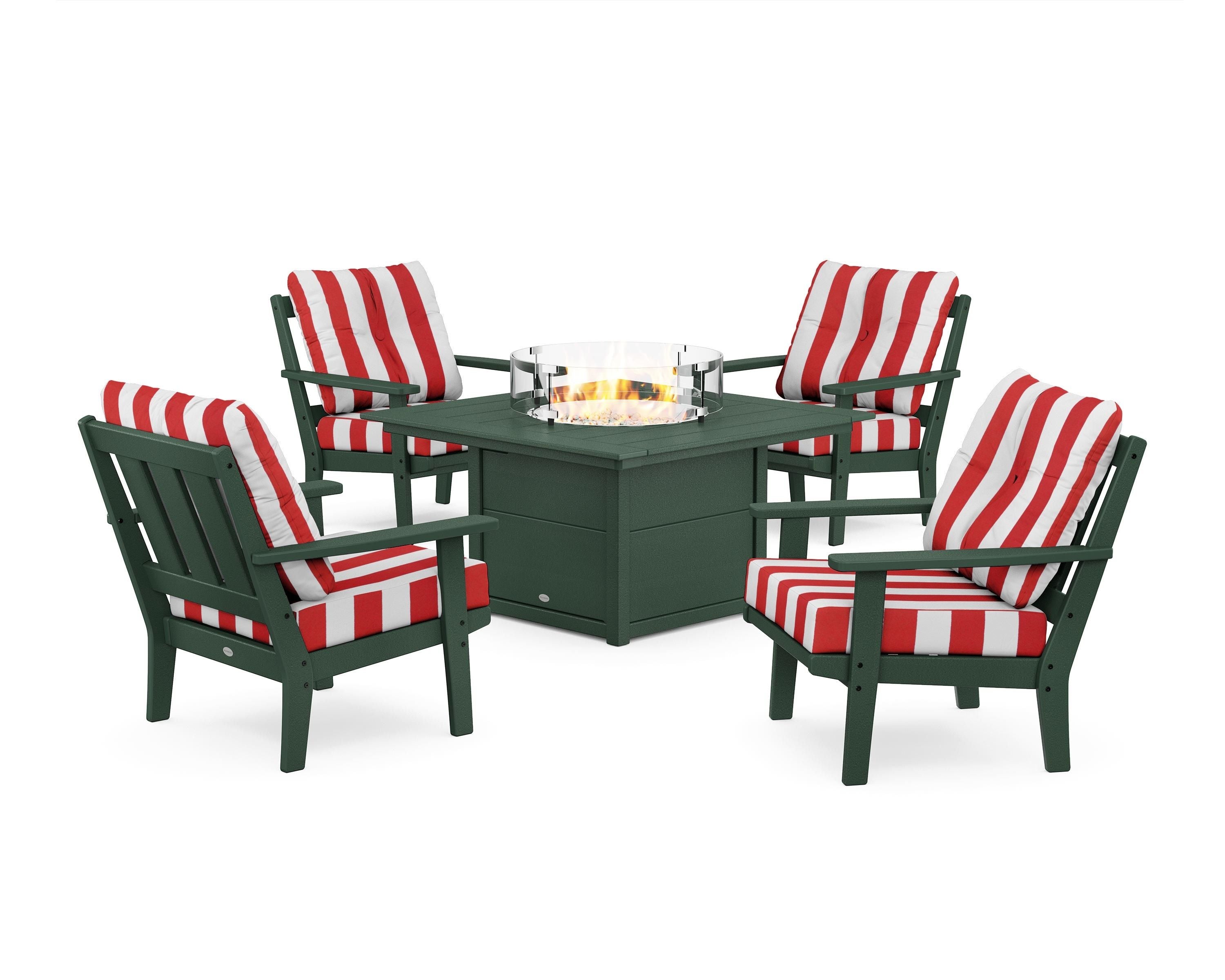 POLYWOOD® Oxford 5-Piece Deep Seating Set with Fire Pit Table in Green / Cabana Stripe Crimson