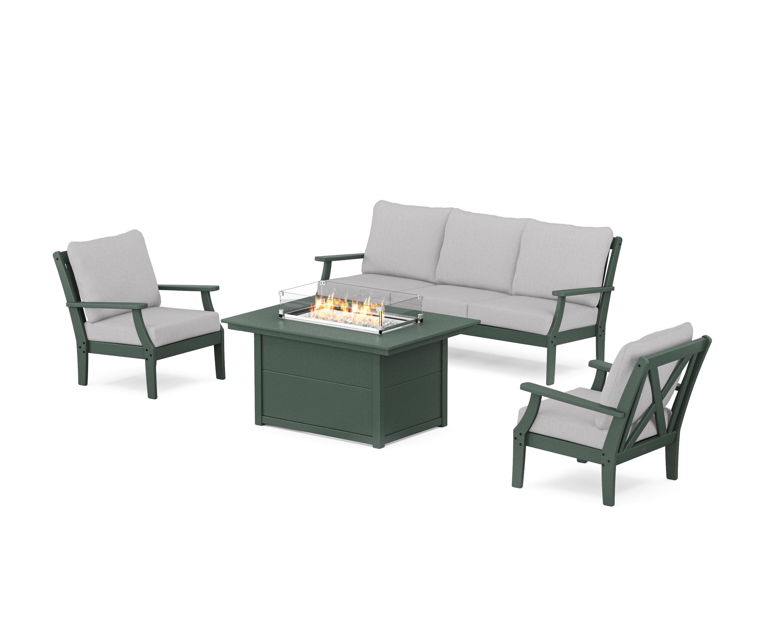 POLYWOOD® Braxton Deep Seating Fire Pit Table Set in Green / Granite