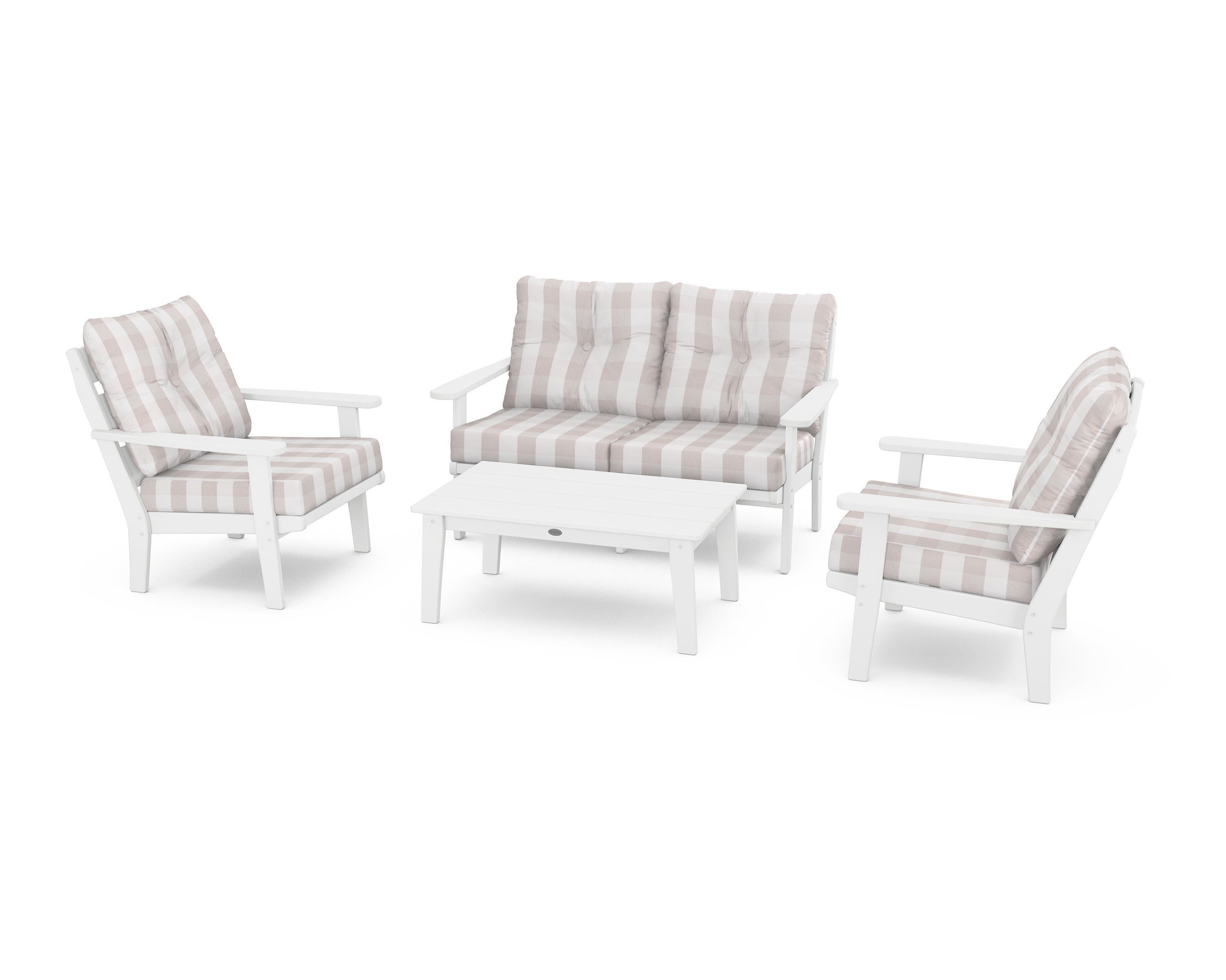 POLYWOOD® Lakeside 4-Piece Deep Seating Set in White / Buffalo Plaid Dune Burlap