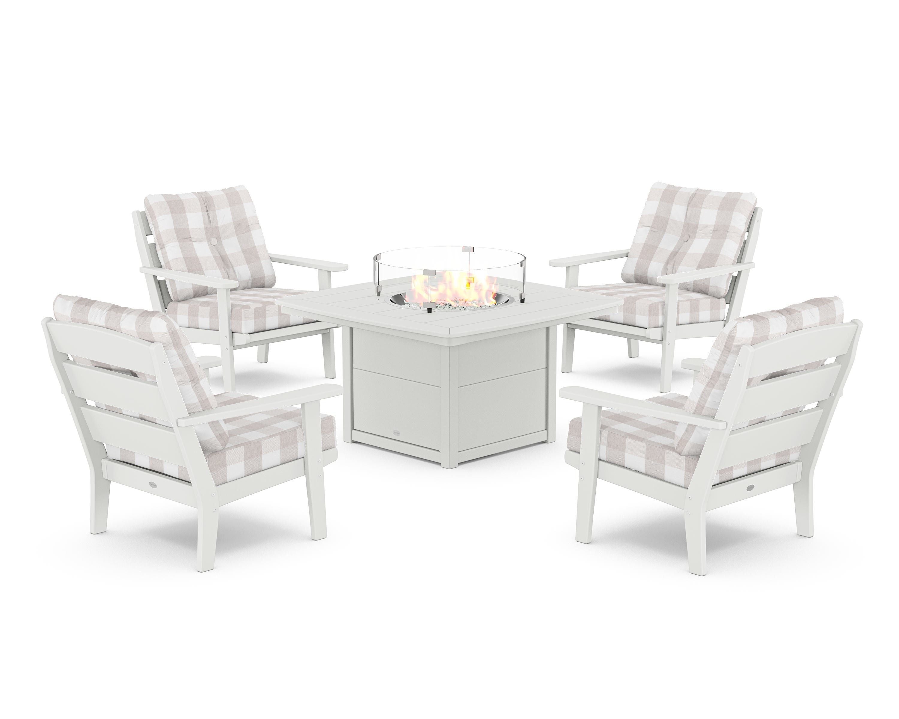 POLYWOOD® Lakeside 5-Piece Deep Seating Set with Nautical Fire Pit Table in White / Buffalo Plaid Dune Burlap