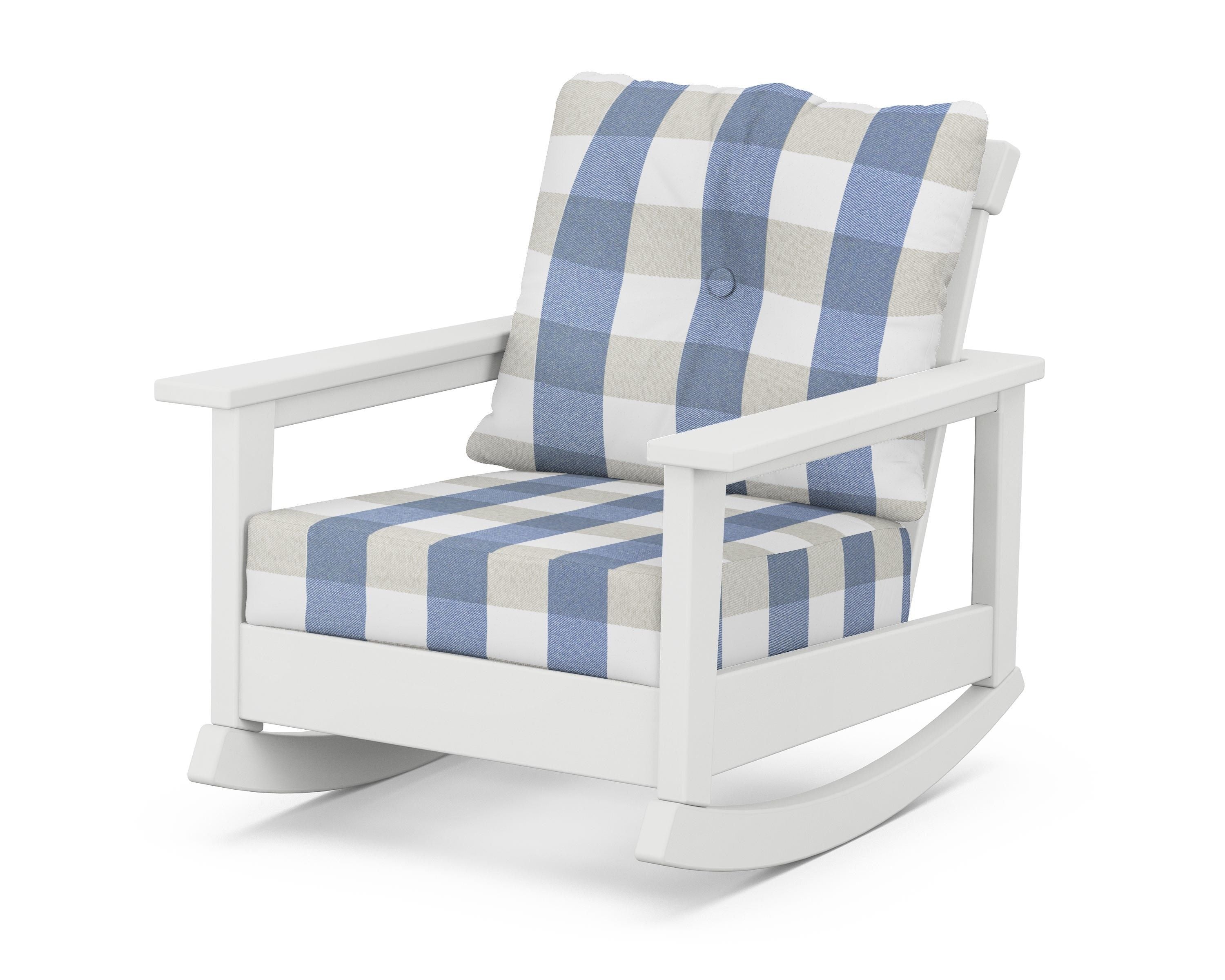POLYWOOD® Prescott Deep Seating Rocking Chair in White / Buffalo Plaid Sky Blue