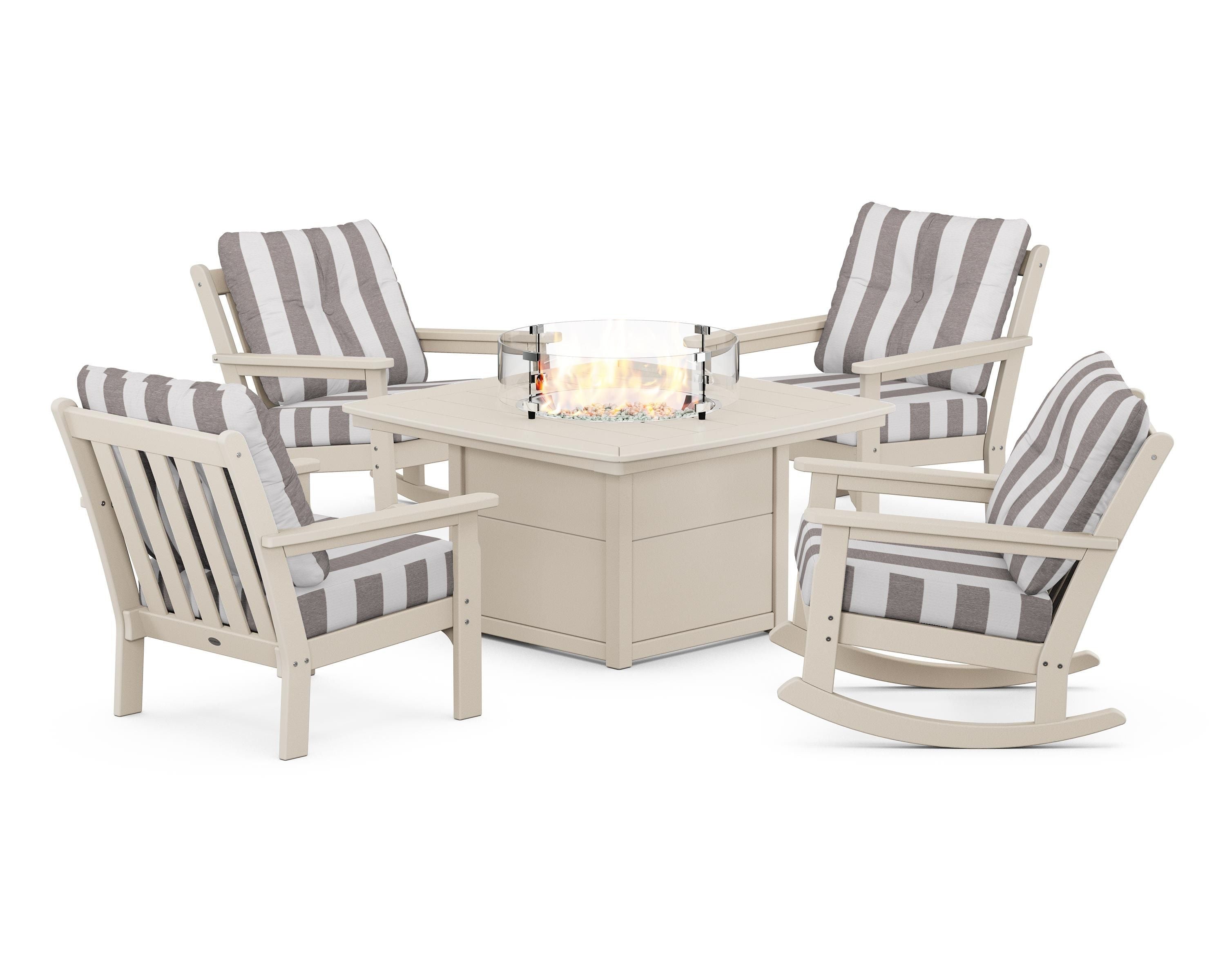 POLYWOOD® Vineyard 5-Piece Deep Seating Rocking Chair Conversation Set with Fire Pit Table in Sand / Cabana Stripe Grey Mist