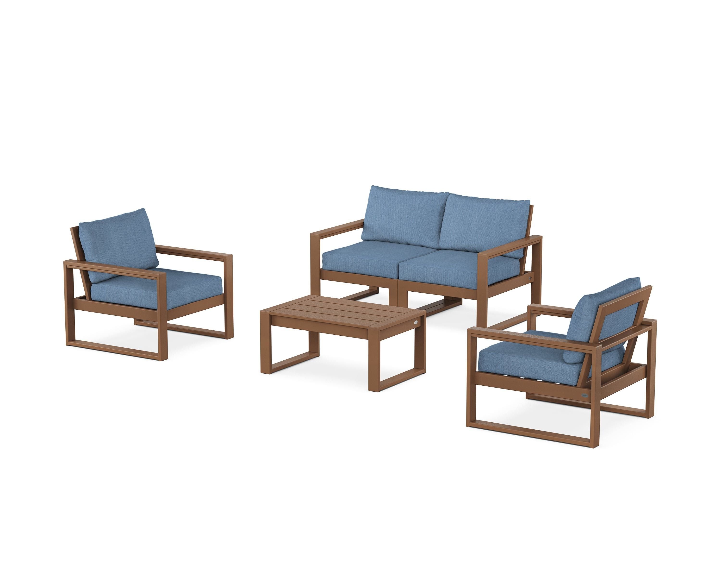 POLYWOOD® EDGE Sectional 4-Piece Deep Seating Set with Loveseat in Teak / Sky Blue