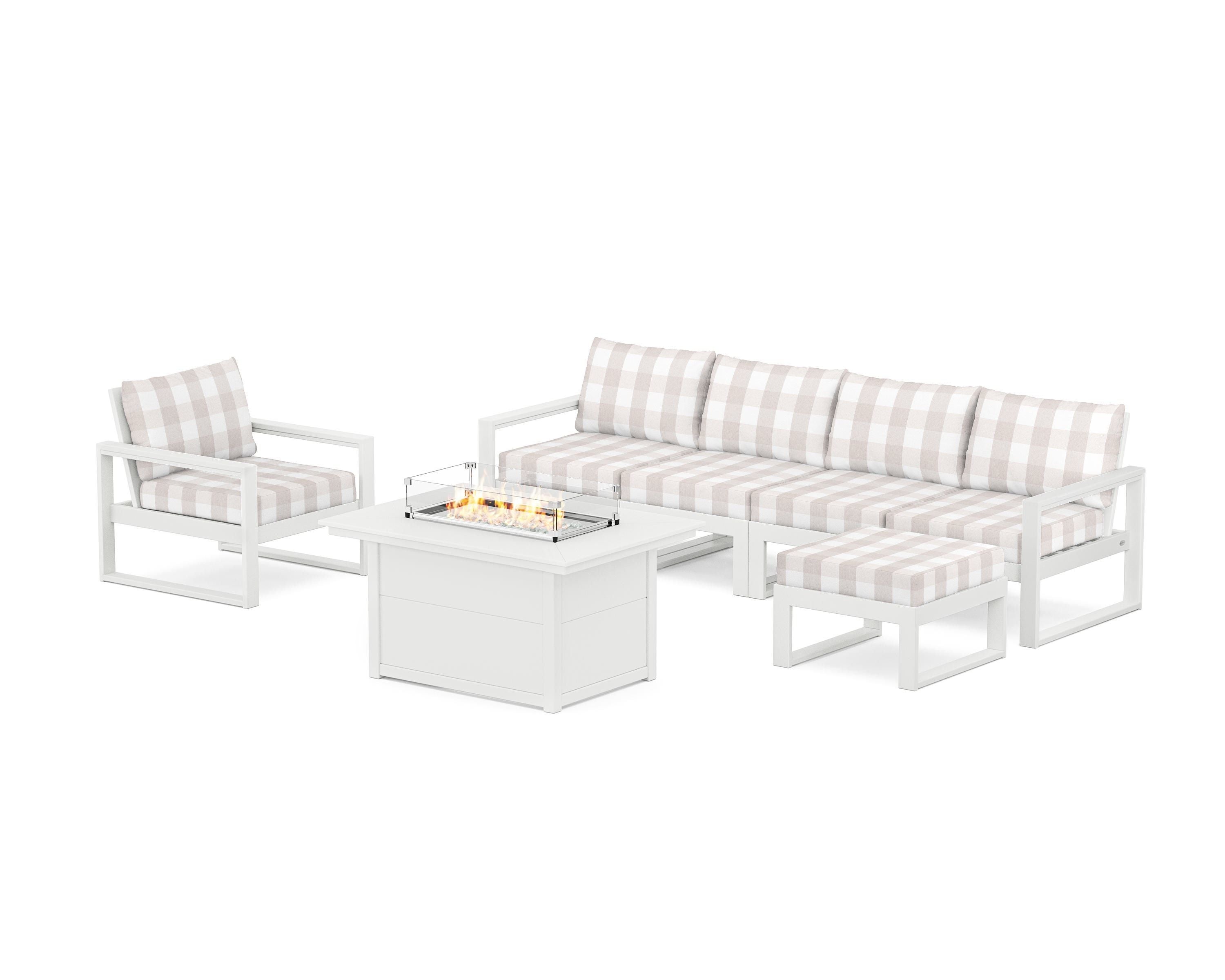 POLYWOOD® EDGE Sectional Lounge and Fire Pit Set in White / Buffalo Plaid Dune Burlap