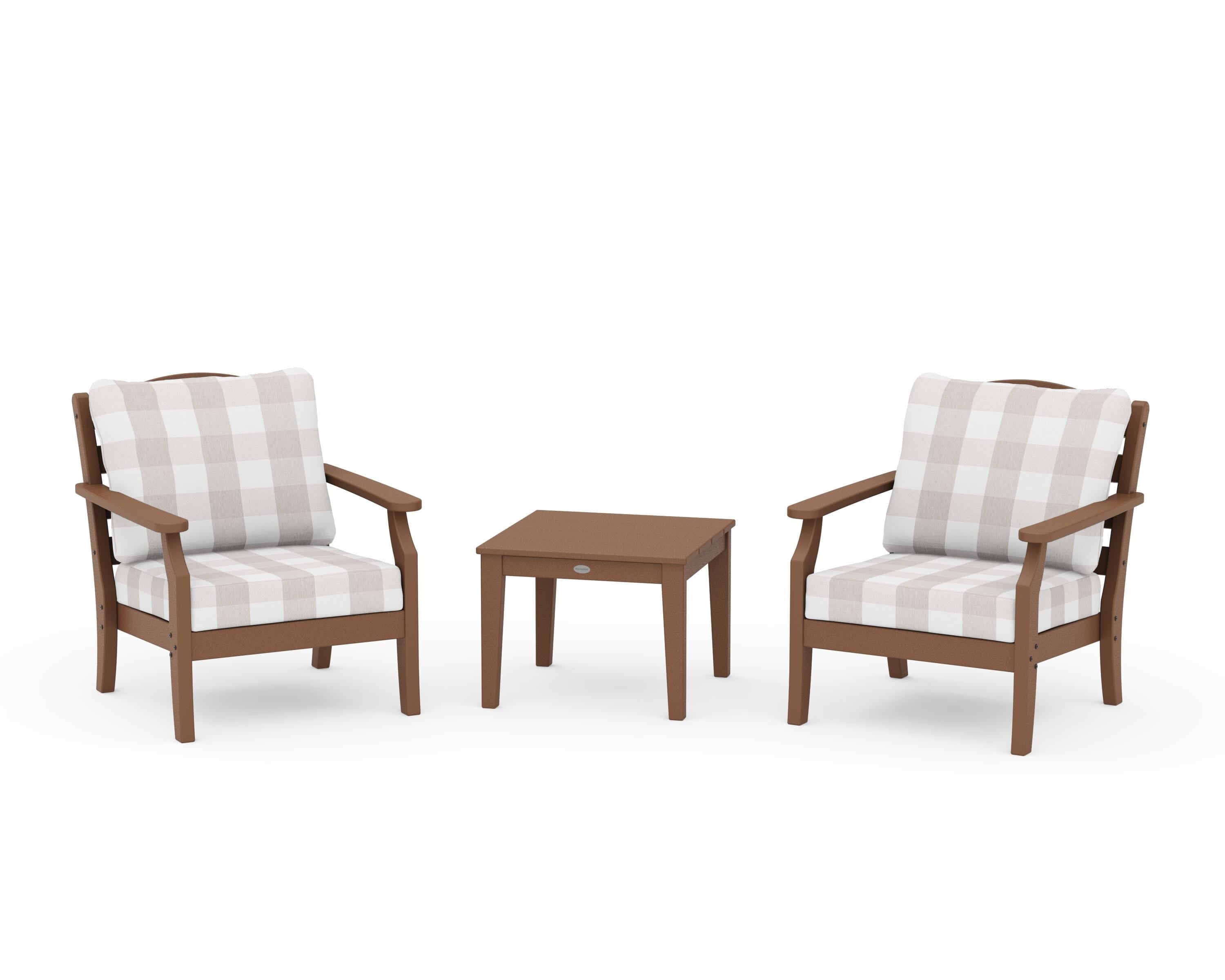 Draper James™ by POLYWOOD® Savannah 3-Piece Deep Seating Set in Teak / Buffalo Plaid Dune Burlap