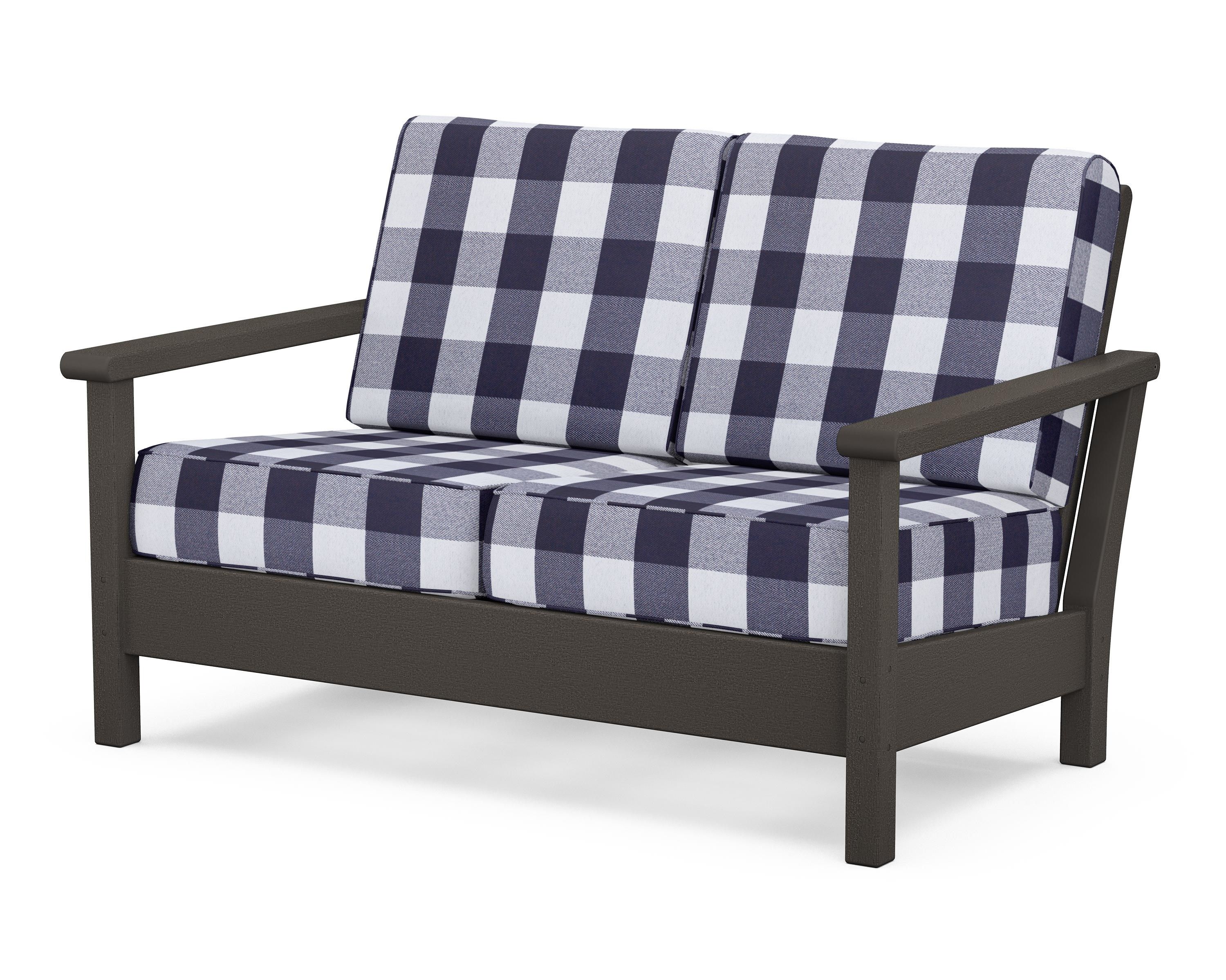 POLYWOOD® Harbour Deep Seating Loveseat in Vintage Coffee / Buffalo Plaid Navy