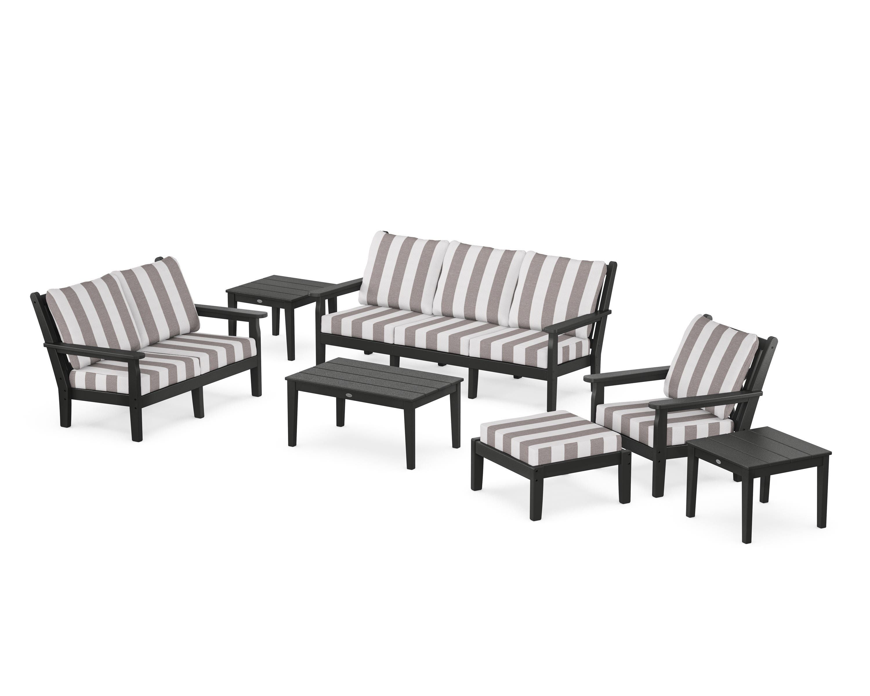 POLYWOOD® Chippendale 7-Piece Deep Seating Set in Black / Cabana Stripe Grey Mist