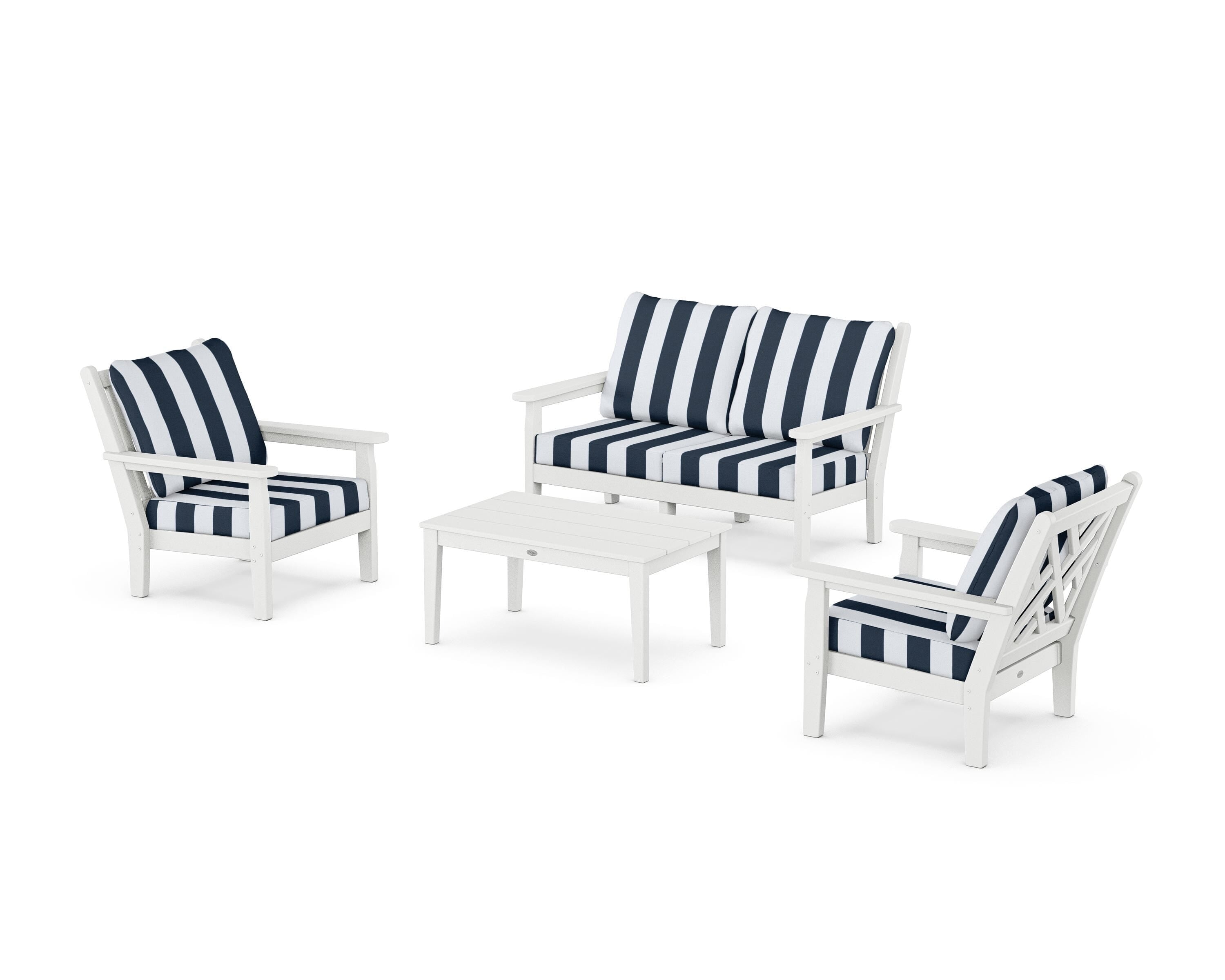 POLYWOOD® Chippendale 4-Piece Deep Seating Set with Loveseat in White / Cabana Stripe Marine Indigo