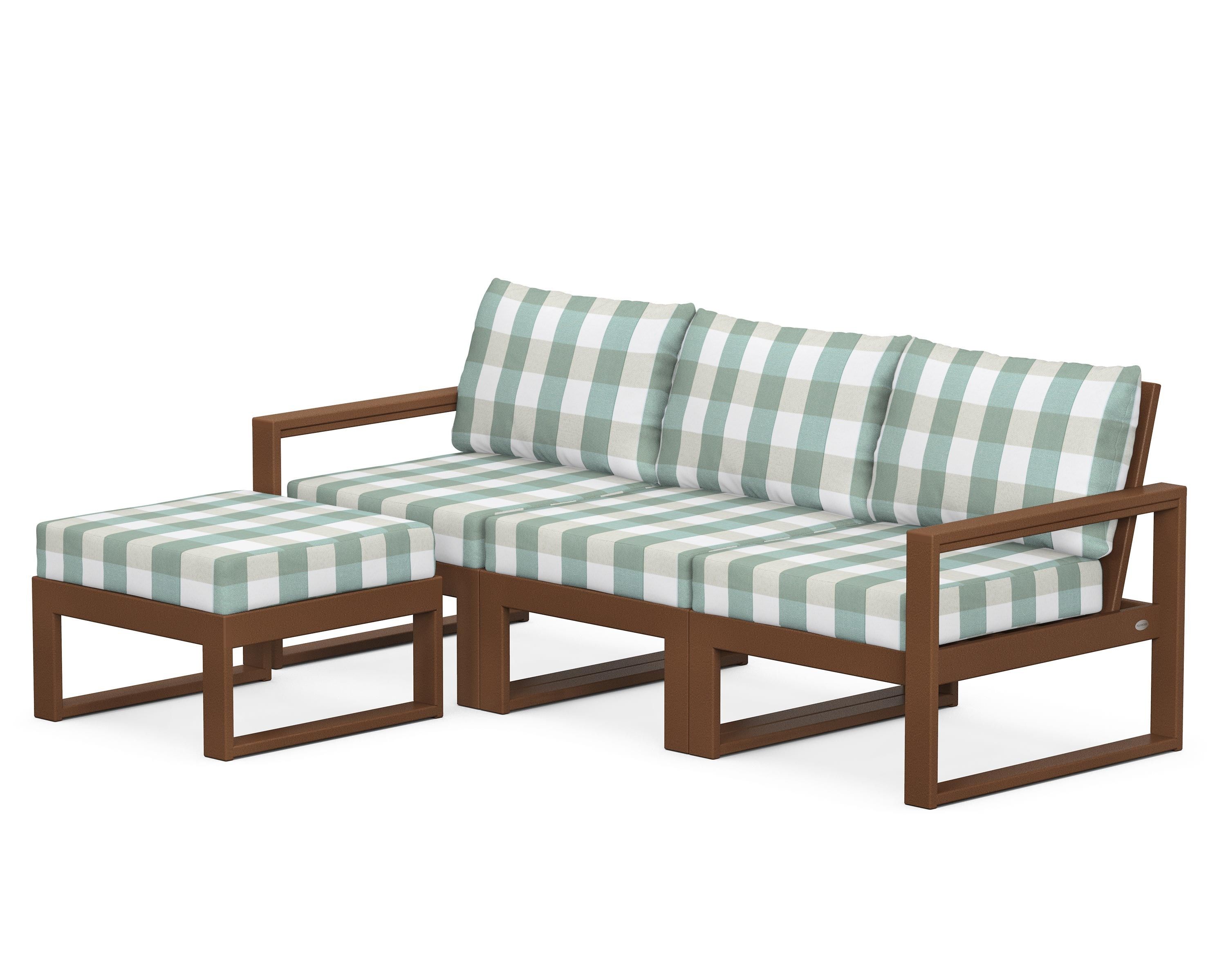 POLYWOOD® EDGE 4-Piece Modular Deep Seating Set with Ottoman in Teak / Buffalo Plaid Glacier Spa