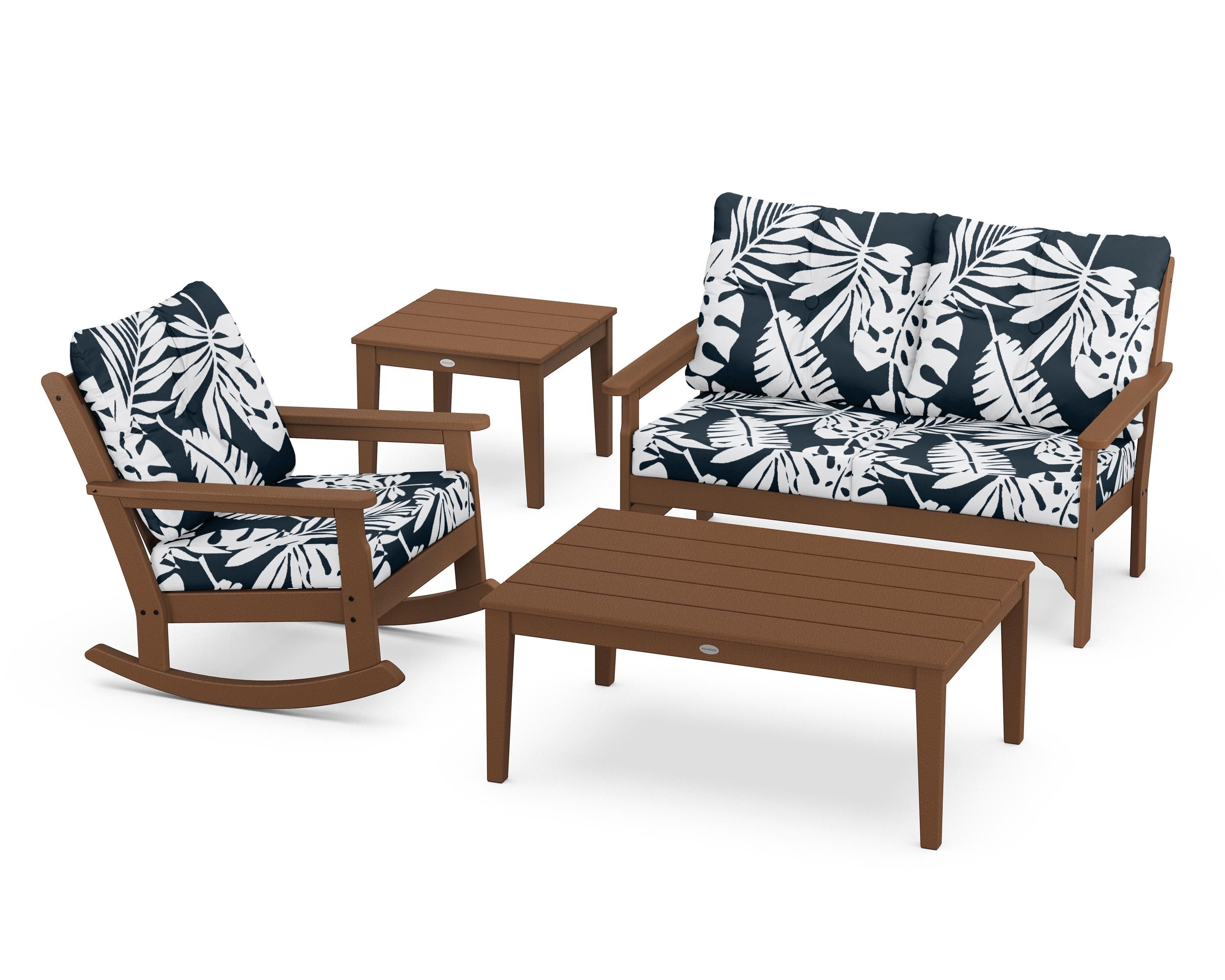 POLYWOOD® Vineyard 4-Piece Deep Seating Rocker Set in Teak / Leaf Marine Indigo