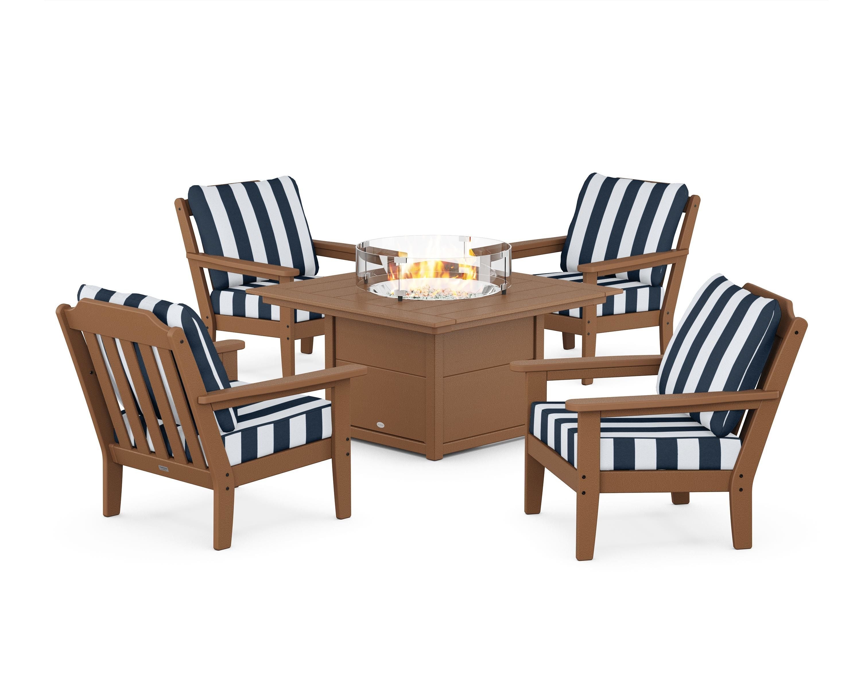 Country Living Cottage 5-Piece Deep Seating Set with Fire Pit Table in Teak / Cabana Stripe Marine Indigo