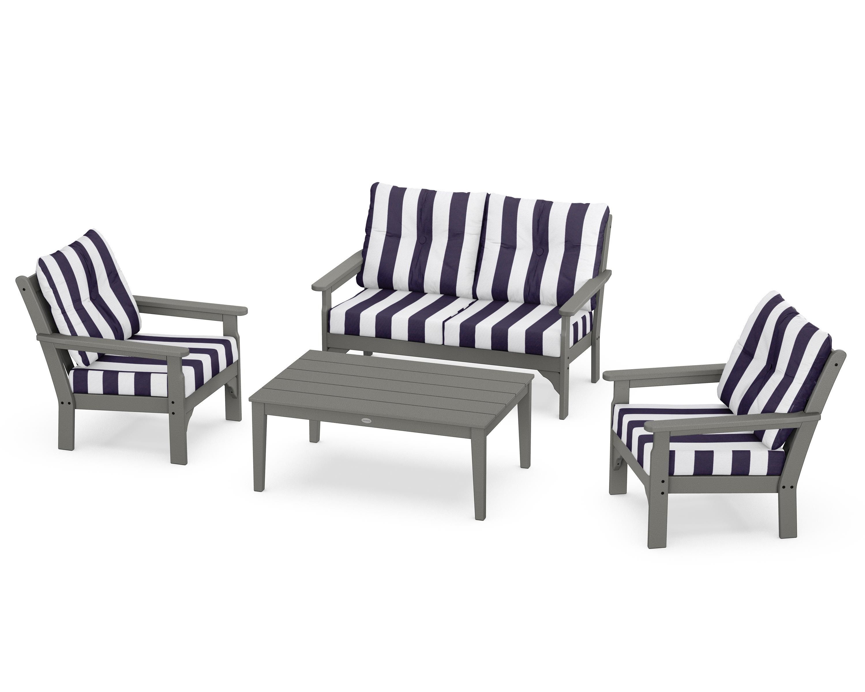POLYWOOD® Vineyard 4-Piece Deep Seating Set in Slate Grey / Cabana Stripe Navy