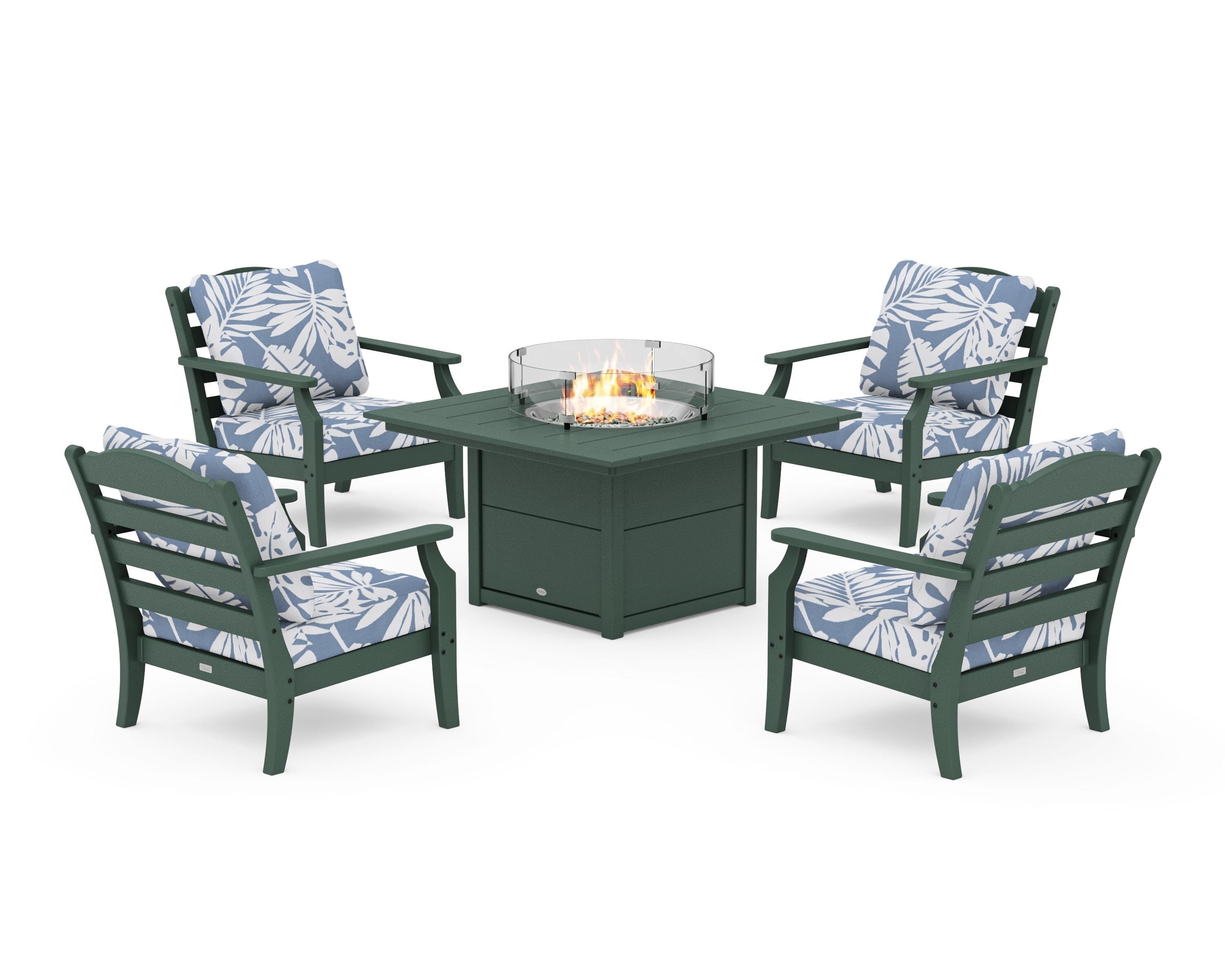 Draper James™ by POLYWOOD® Savannah 5-Piece Deep Seating Set with Fire Pit Table in Green / Leaf Sky Blue