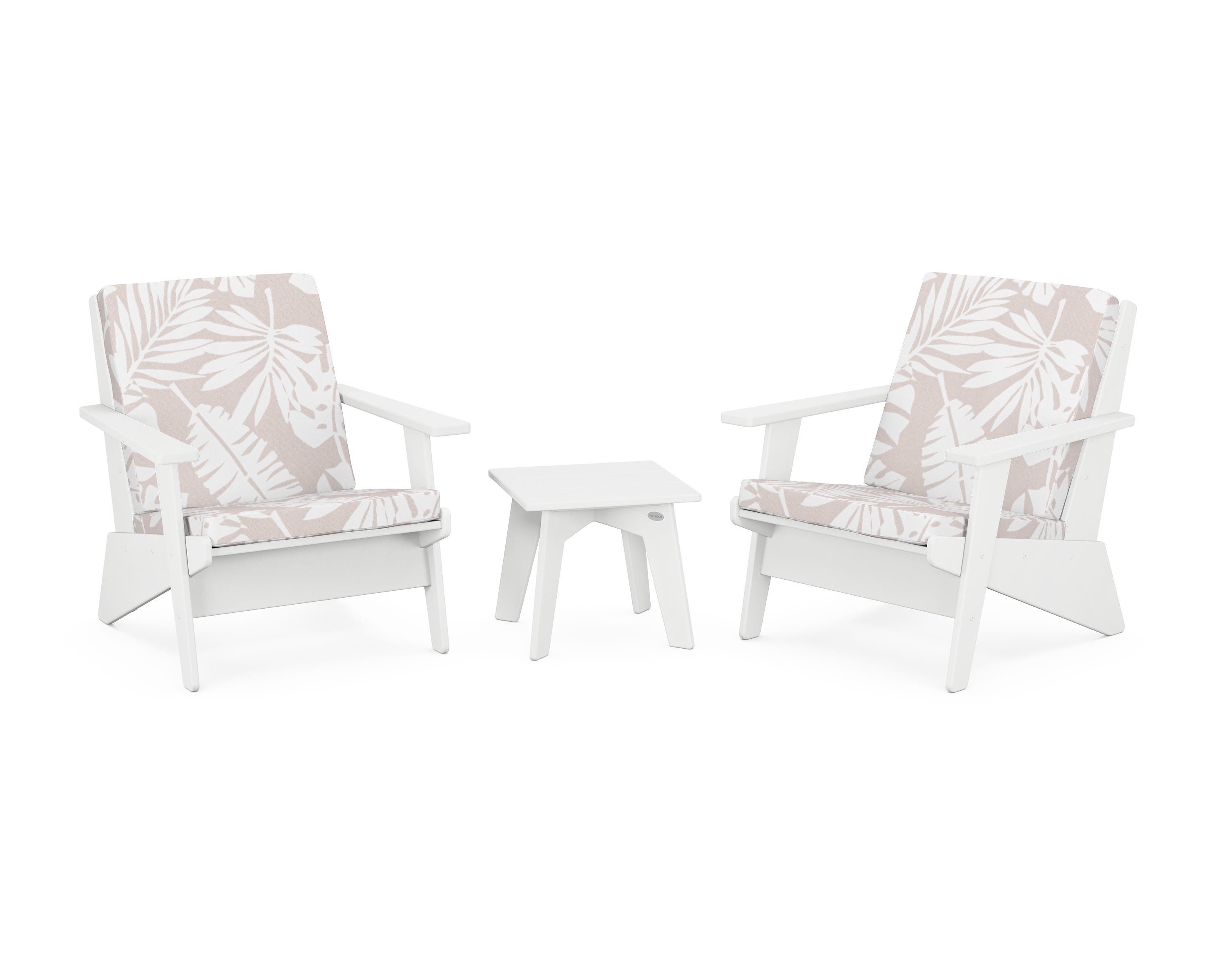 POLYWOOD® Riviera Modern Lounge 3-Piece Set in White / Leaf Dune Burlap