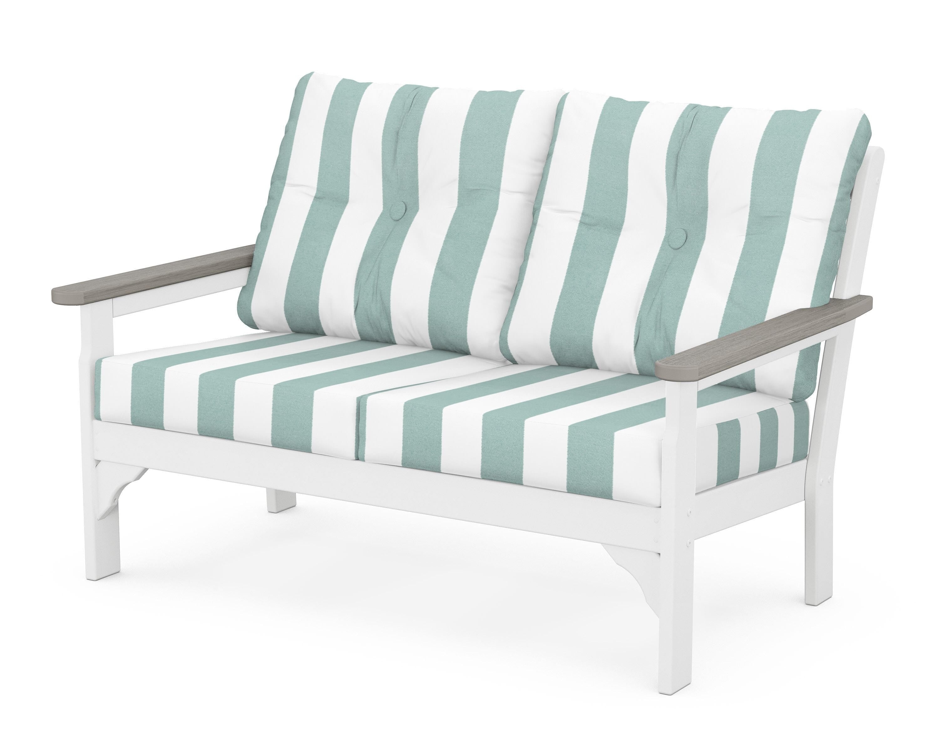 POLYWOOD® Vineyard Deep Seating Loveseat in White / Driftwood / Cabana Stripe Glacier Spa