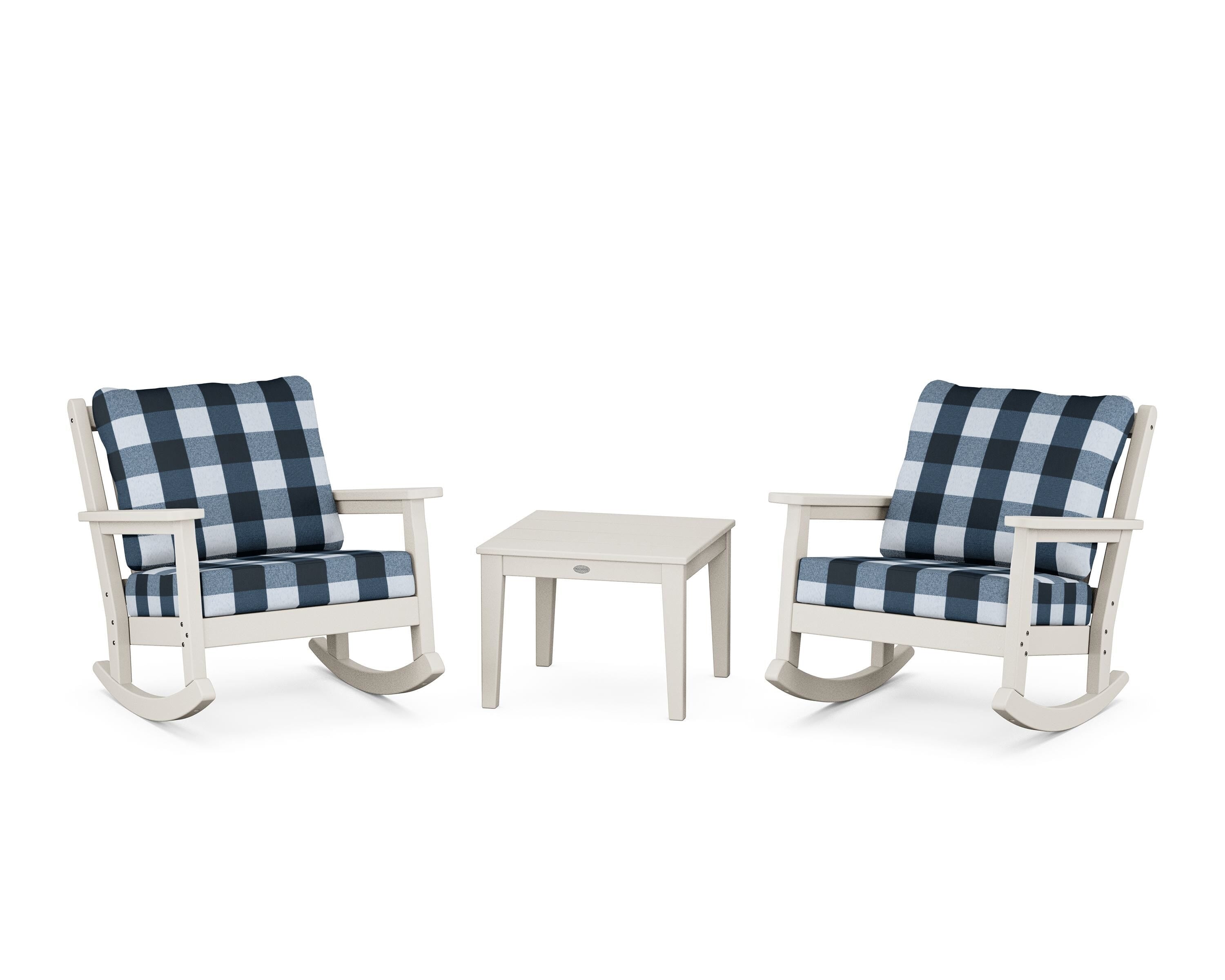 POLYWOOD® Chippendale 3-Piece Deep Seating Rocker Set in Sand / Buffalo Plaid Marine Indigo