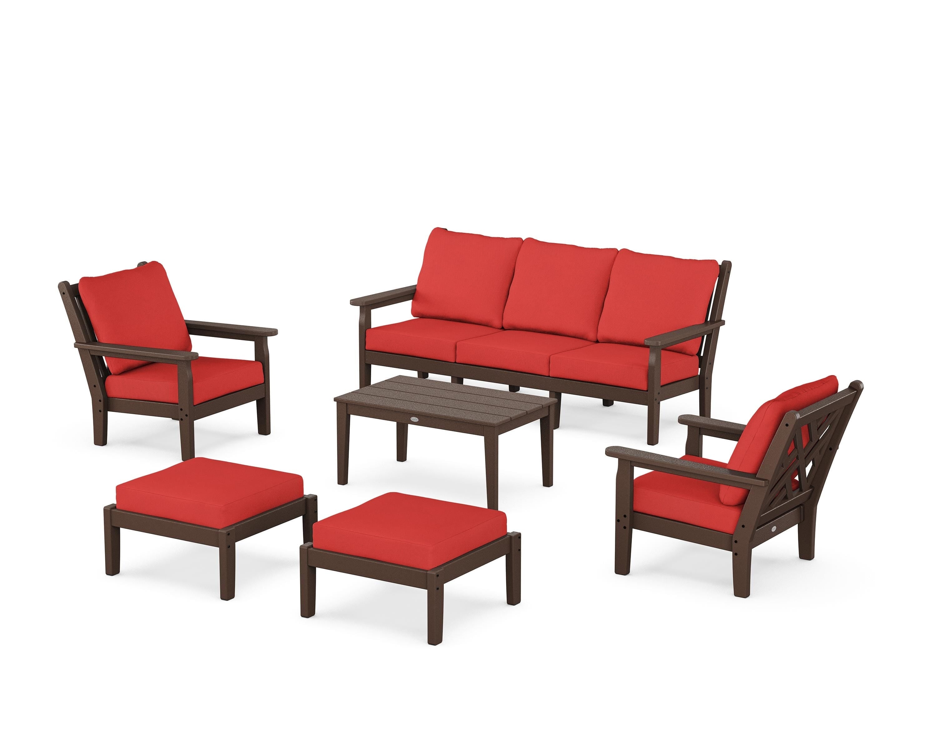 POLYWOOD® Chippendale 6-Piece Lounge Sofa Set in Mahogany / Crimson Linen