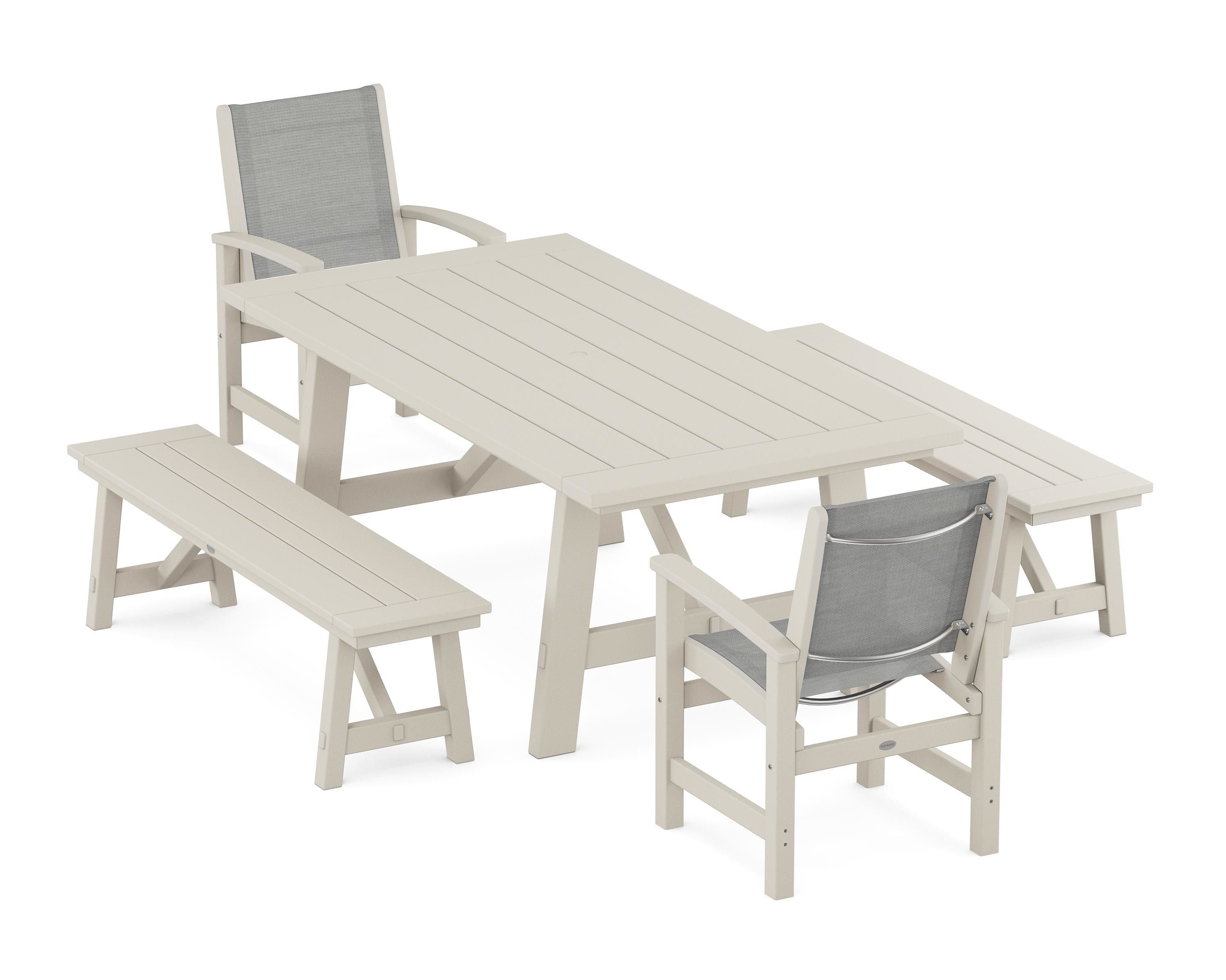 POLYWOOD® Coastal 5-Piece Rustic Farmhouse Dining Set With Benches in Sand / Metallic Sling