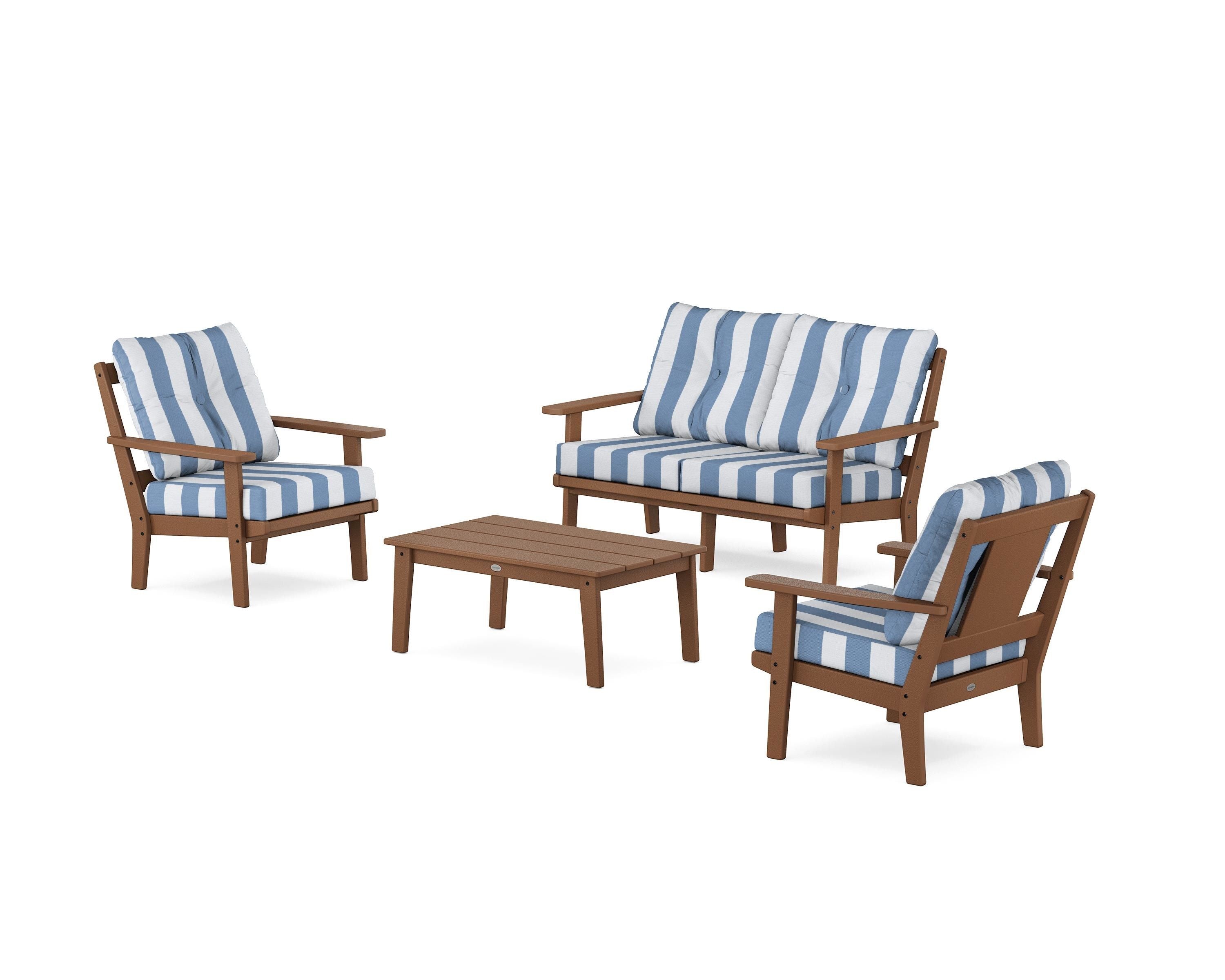 POLYWOOD® Prairie 4-Piece Deep Seating Set with Loveseat in Teak / Cabana Stripe Sky Blue
