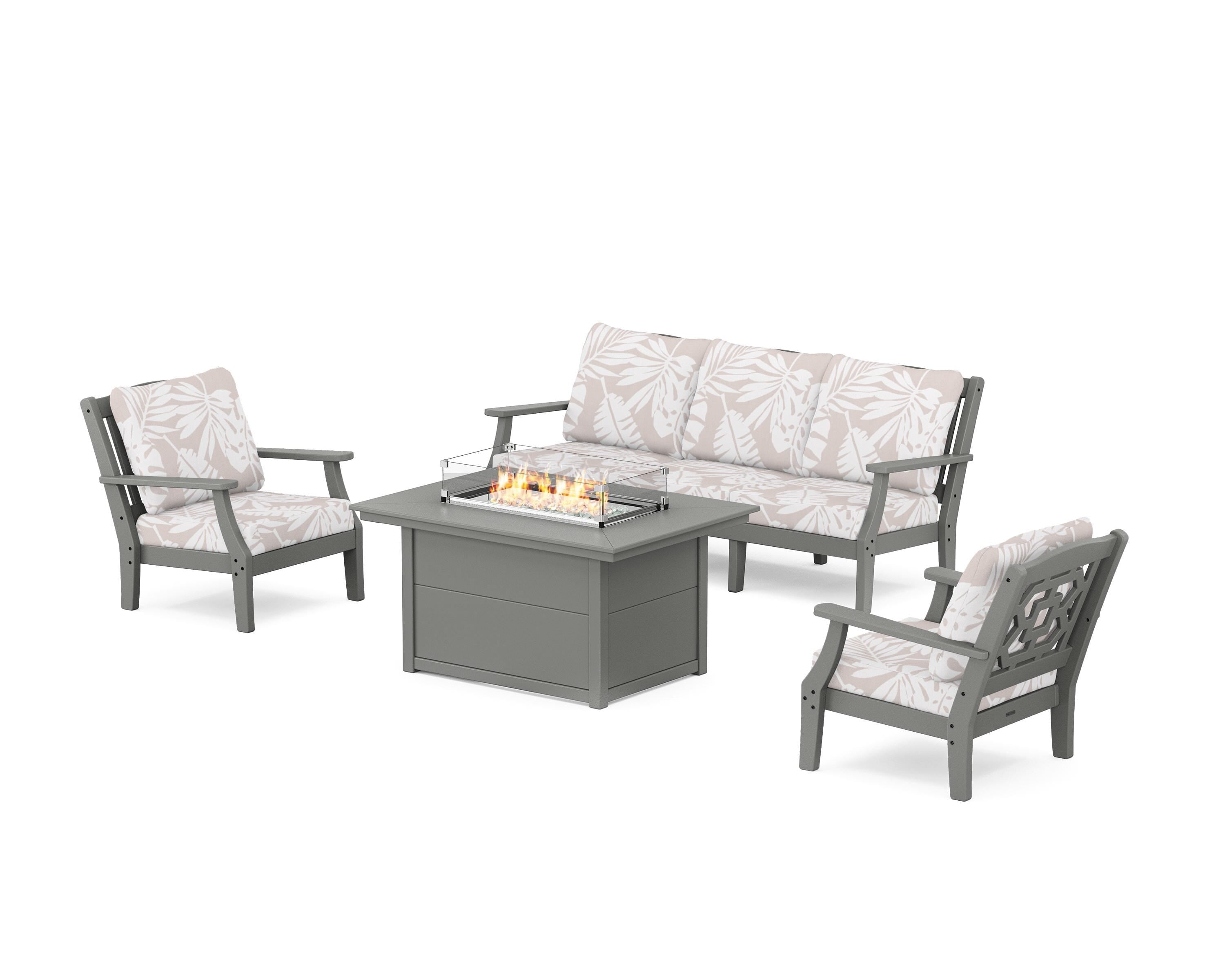 Martha Stewart by POLYWOOD® Chinoiserie Deep Seating Fire Pit Table Set in Slate Grey / Leaf Dune Burlap