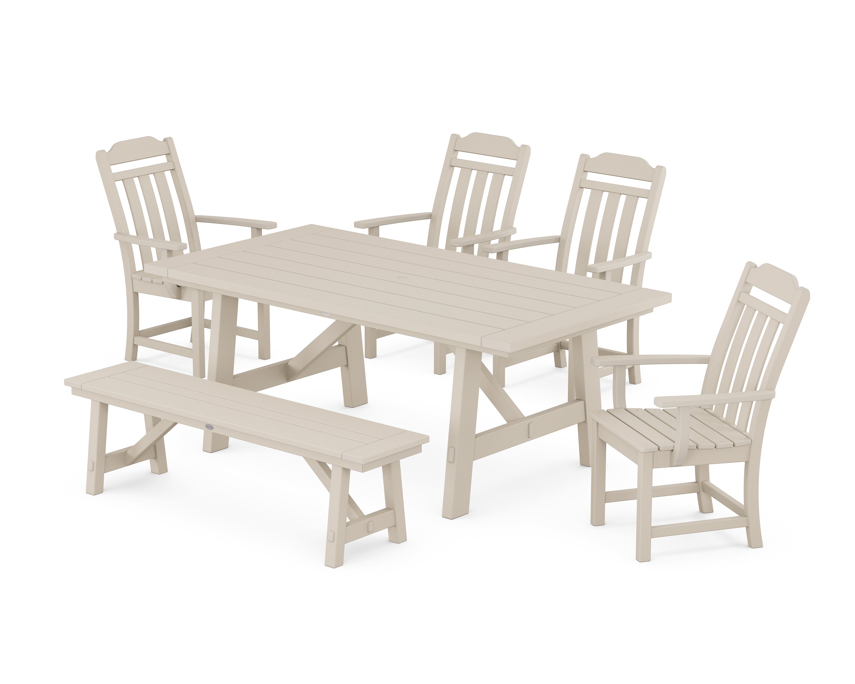 Country Living Cottage 6-Piece Rustic Farmhouse Dining Set with Bench in Sand